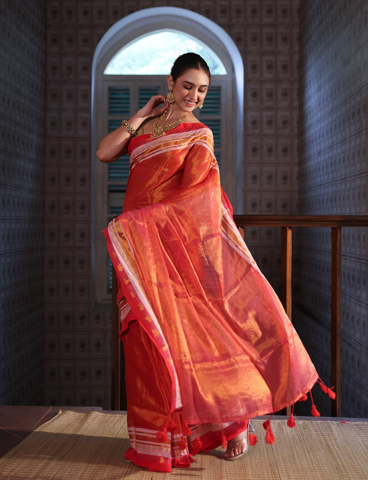 Orange & Pink Golden Dual Tone Tissue Mulmul Cotton Saree