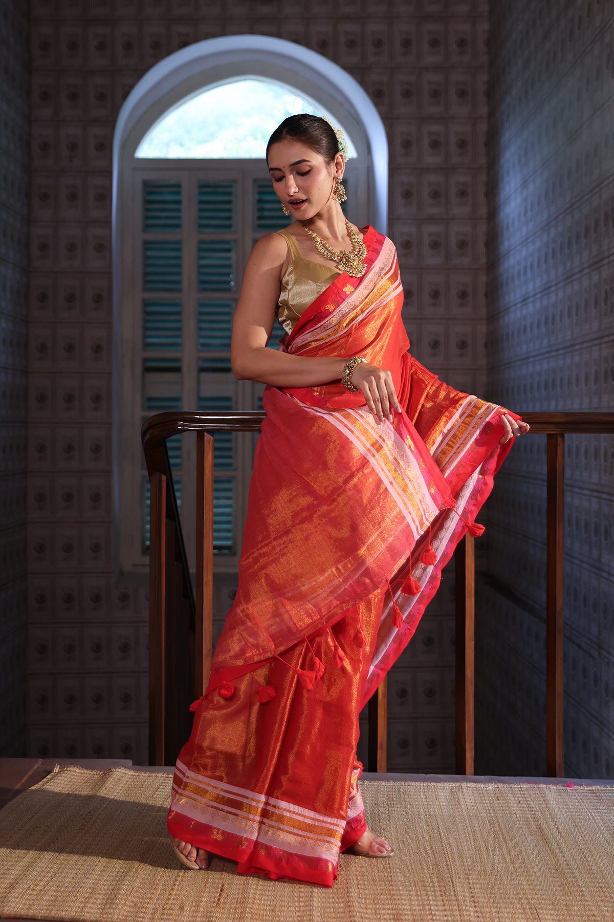 Orange & Pink Golden Dual Tone Tissue Mulmul Cotton Saree