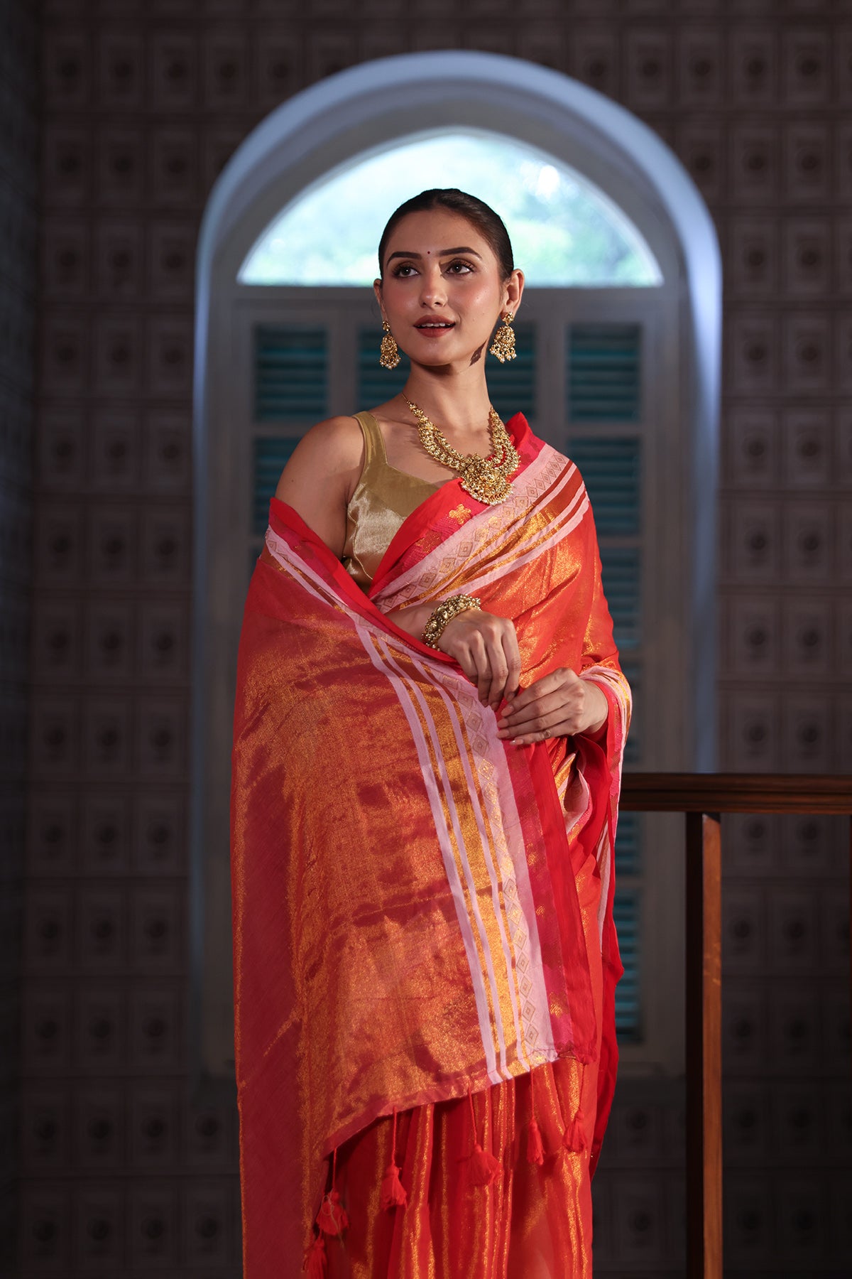 Orange & Pink Golden Dual Tone Tissue Mulmul Cotton Saree