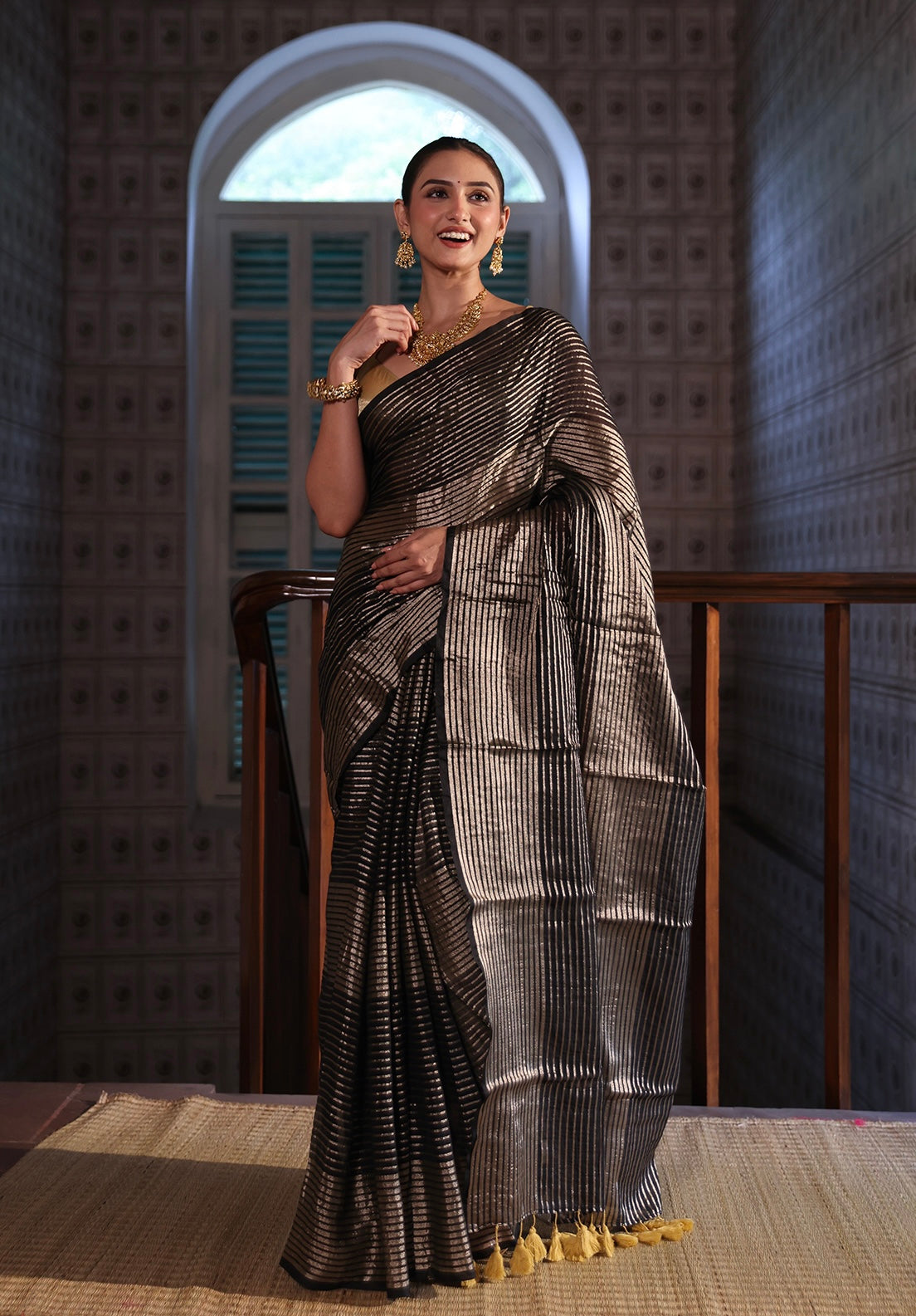 Black Mulmul Cotton Saree with Pale Gold Zari Checks