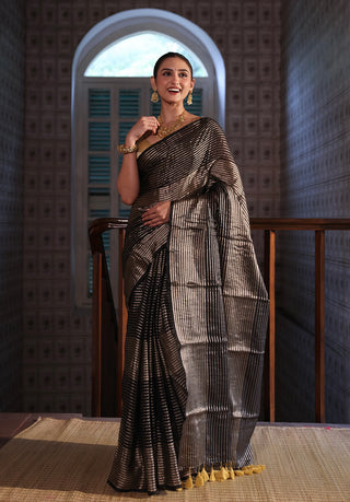 Black Mulmul Cotton Saree with Pale Gold Zari Checks