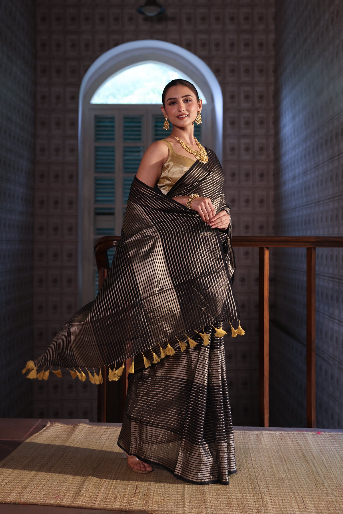 Black Mulmul Cotton Saree with Pale Gold Zari Checks