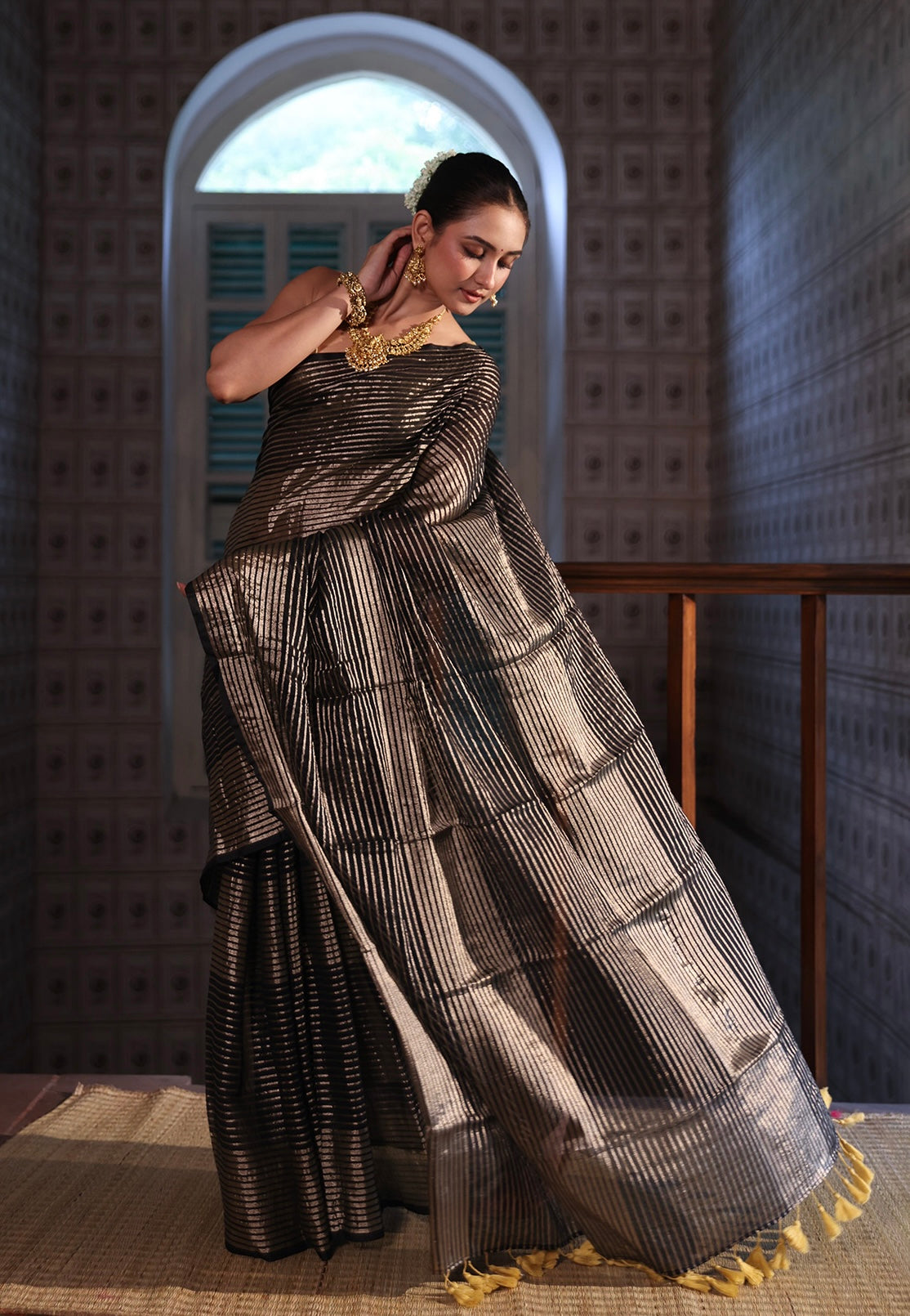 Black Mulmul Cotton Saree with Pale Gold Zari Checks