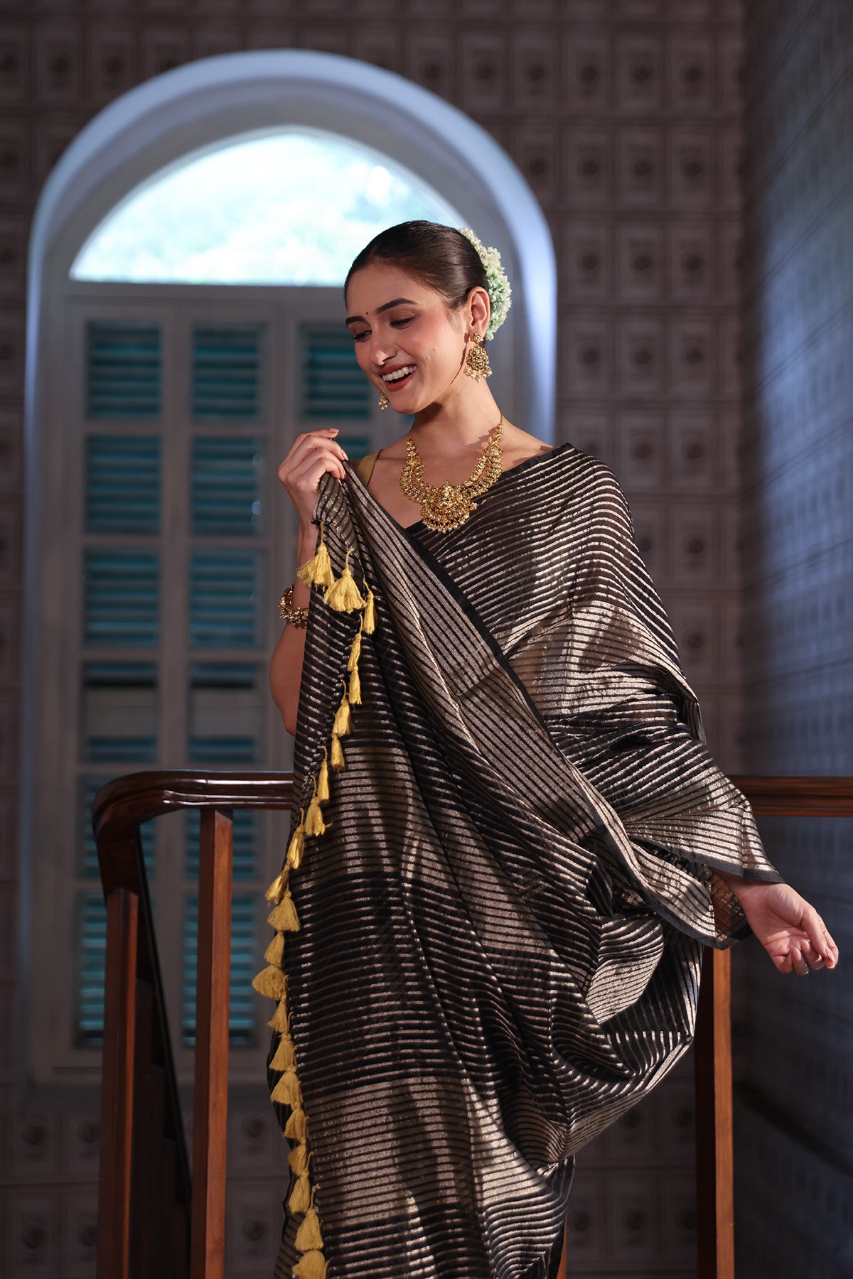 Black Mulmul Cotton Saree with Pale Gold Zari Checks