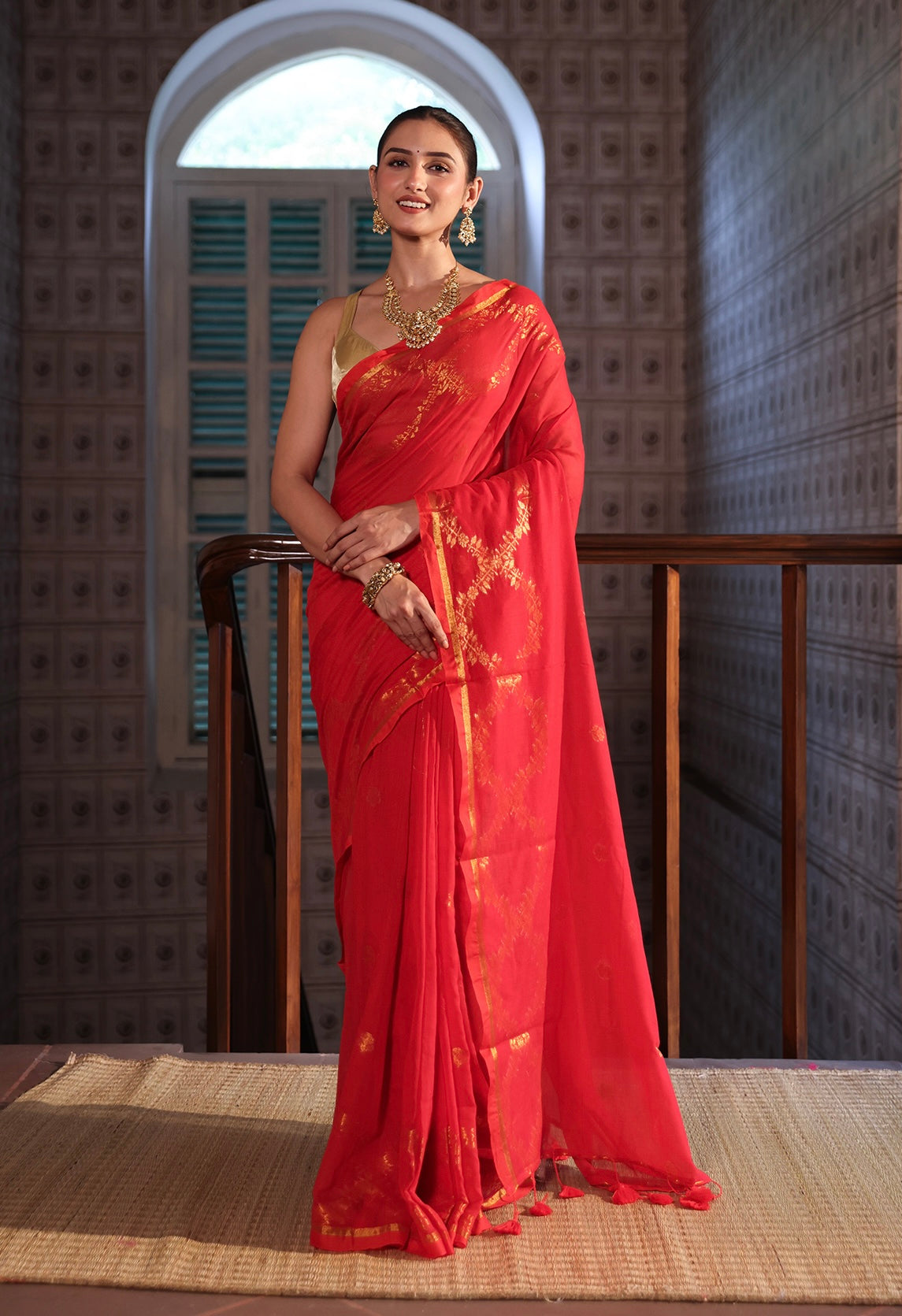 Red Mulmul Cotton Saree with All-Over Gold Thread Work