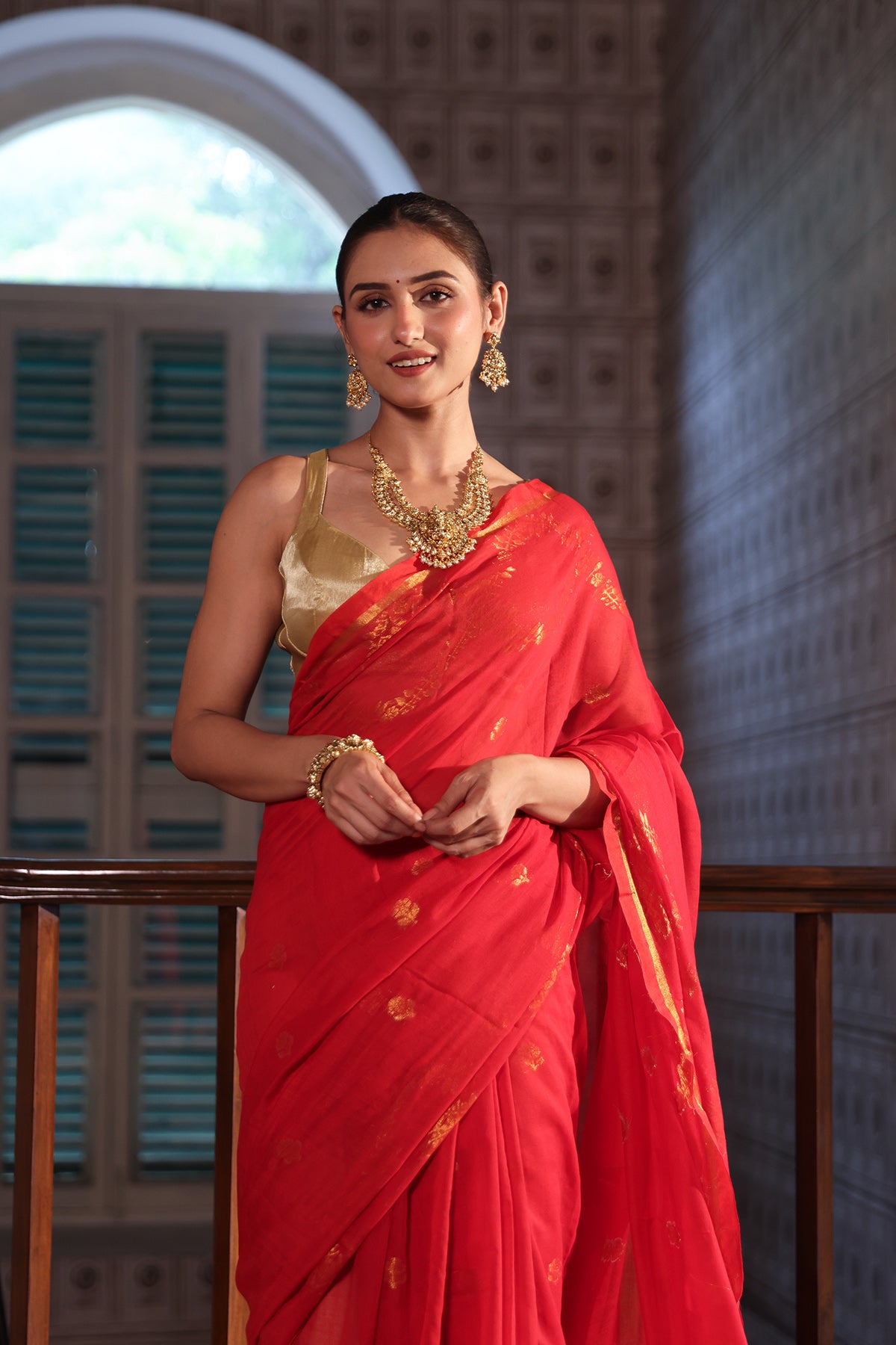 Red Mulmul Cotton Saree with All-Over Gold Thread Work