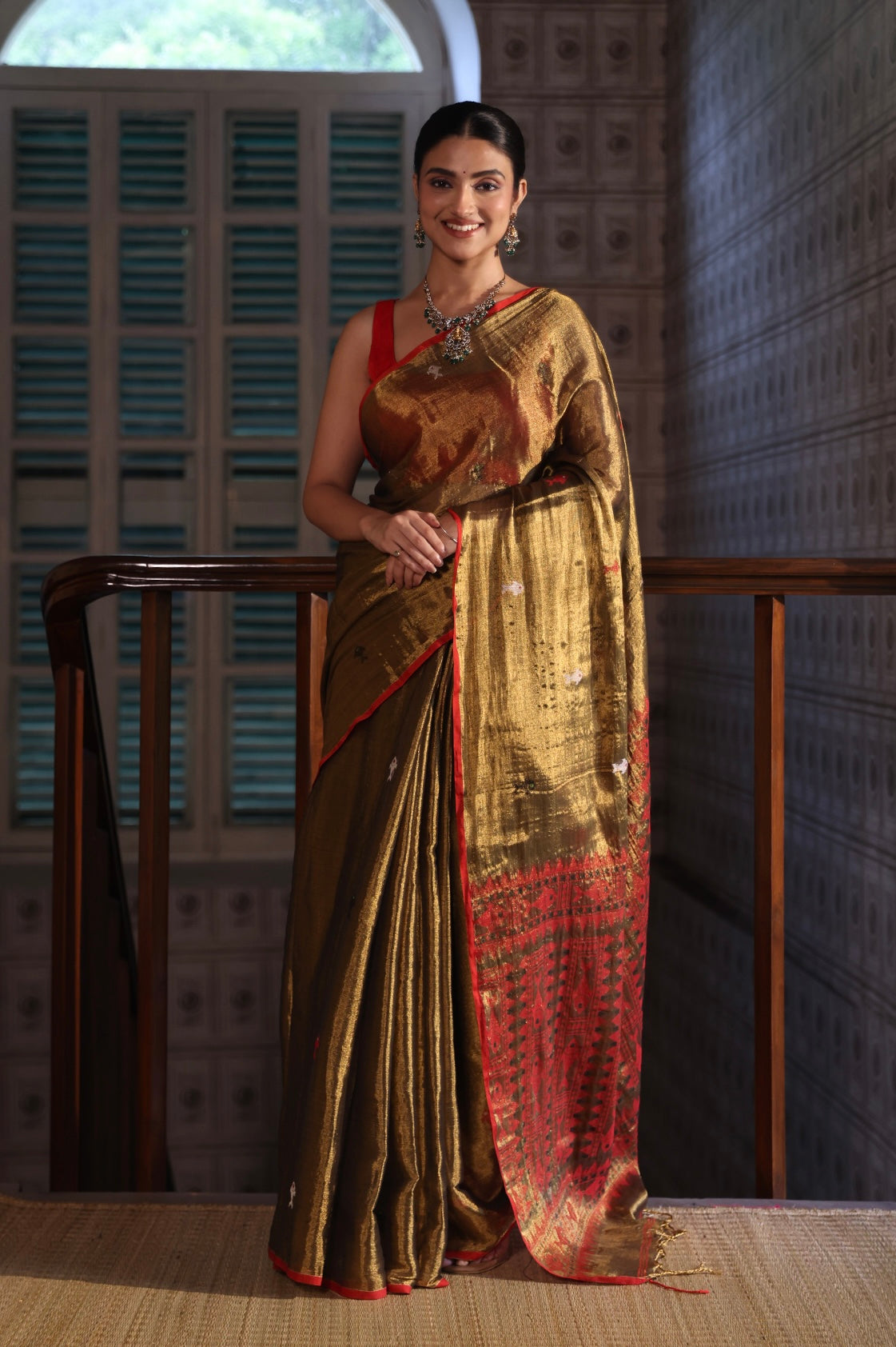 Metallic Copper dual tone Tissue Linen Handwoven Saree