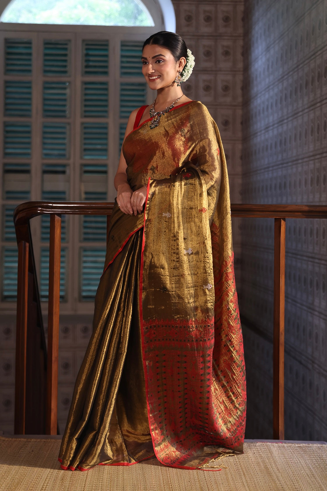 Metallic Copper dual tone Tissue Linen Handwoven Saree