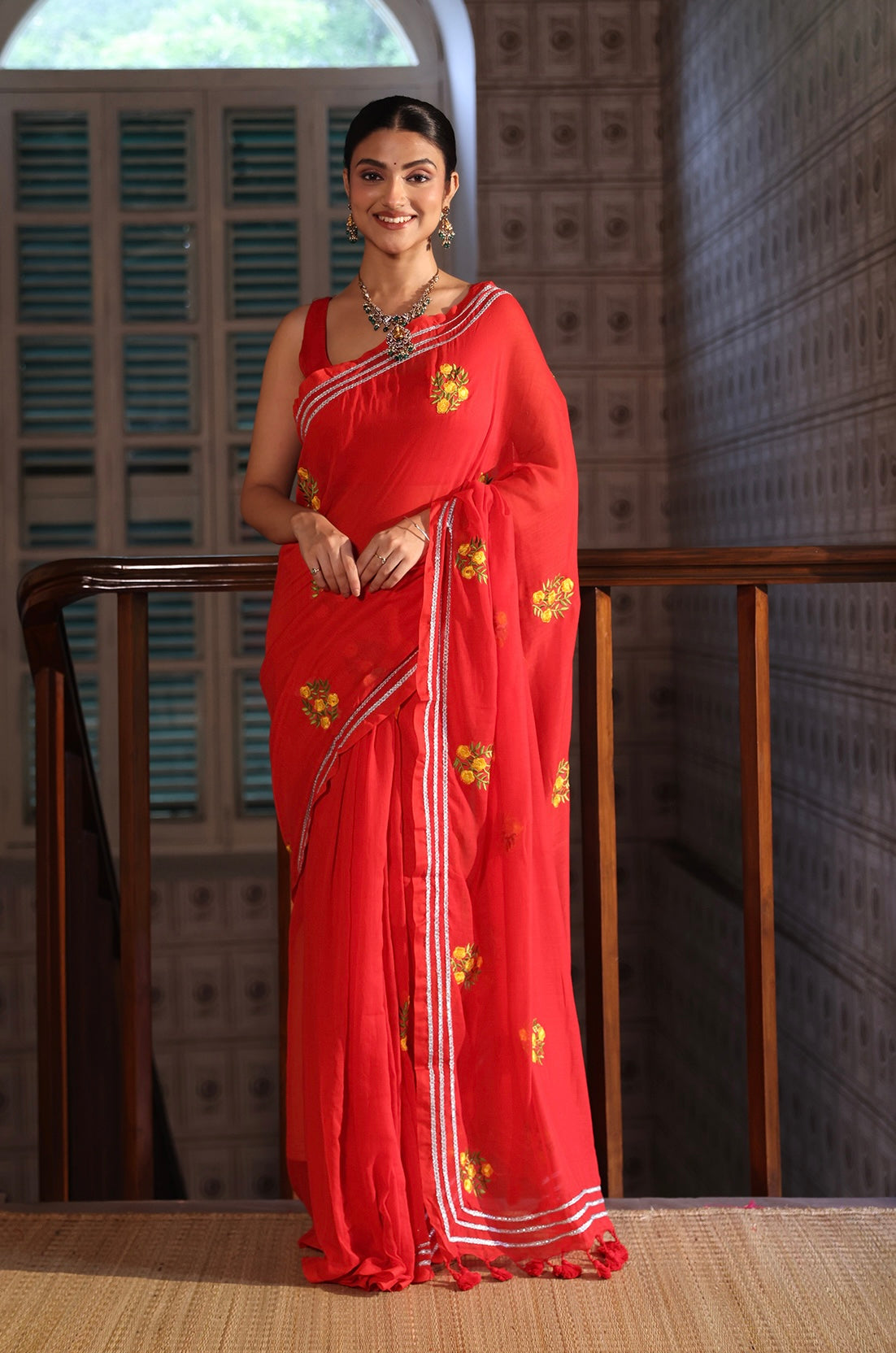 Lavanya Red Mul Mul Cotton Saree With Embroidery Work