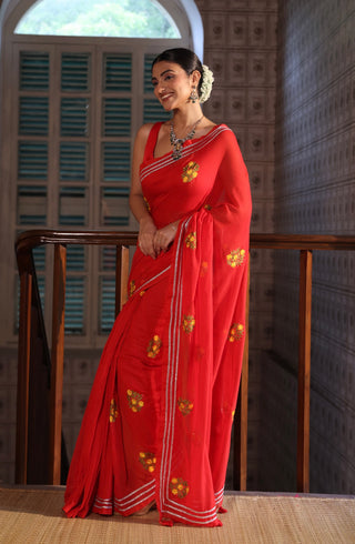 Lavanya Red Mul Mul Cotton Saree With Embroidery Work