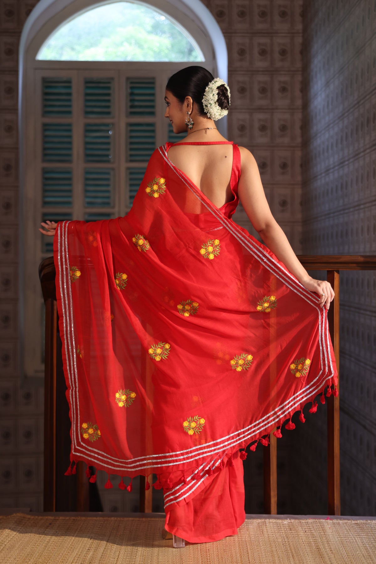 Lavanya Red Mul Mul Cotton Saree With Embroidery Work
