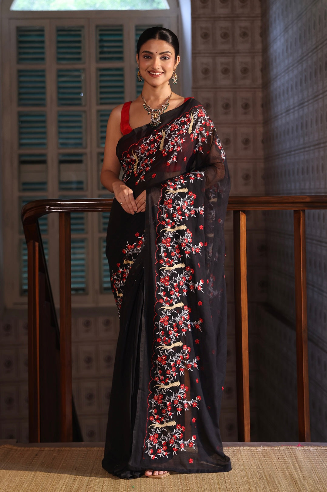 Roshni Raga Mul Mul Cotton Embroidery Saree- Black & Red