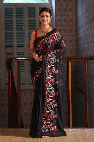 Roshni Raga Mul Mul Cotton Embroidery Saree- Black & Red