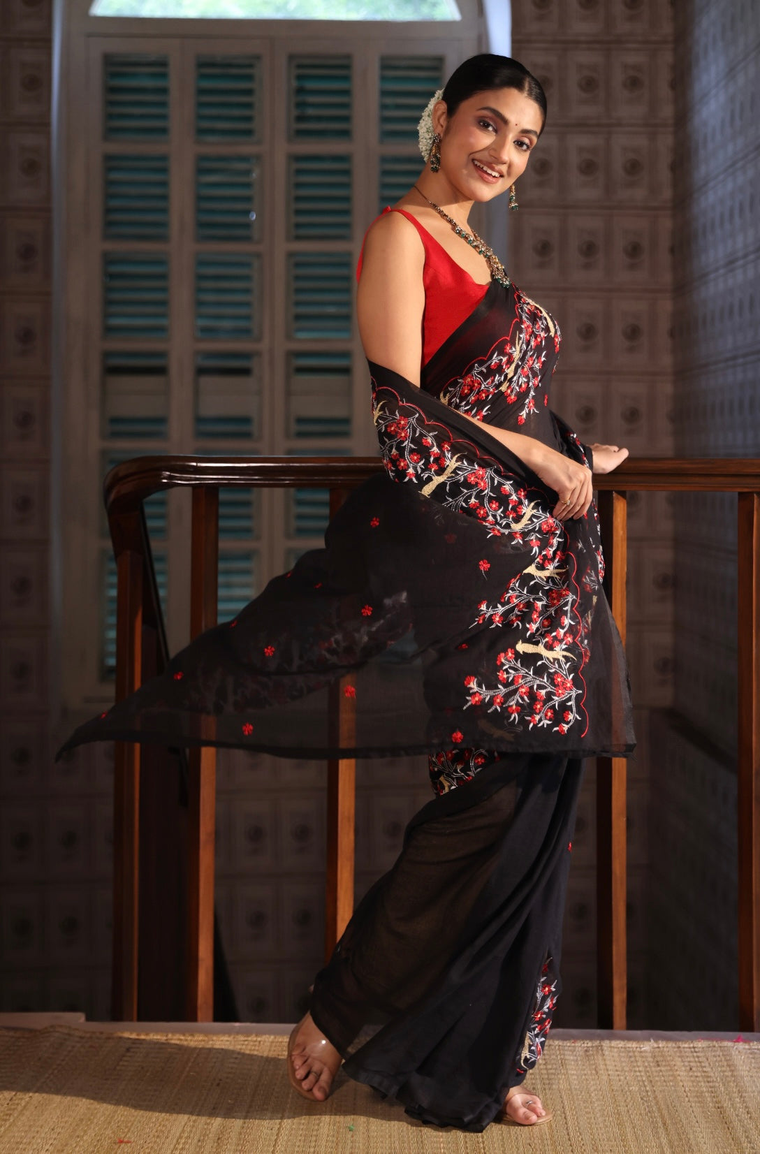 Roshni Raga Mul Mul Cotton Embroidery Saree- Black & Red
