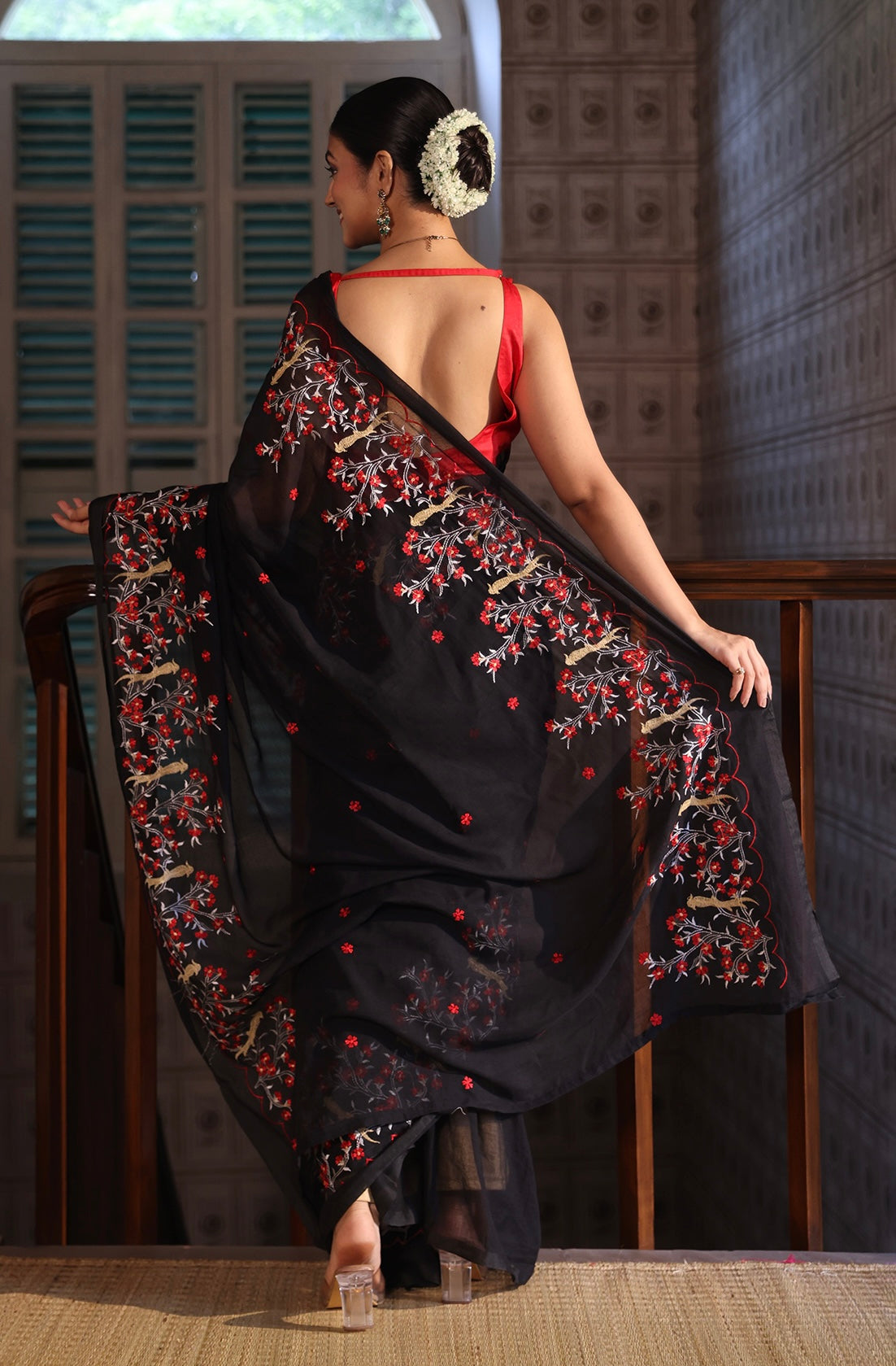Roshni Raga Mul Mul Cotton Embroidery Saree- Black & Red