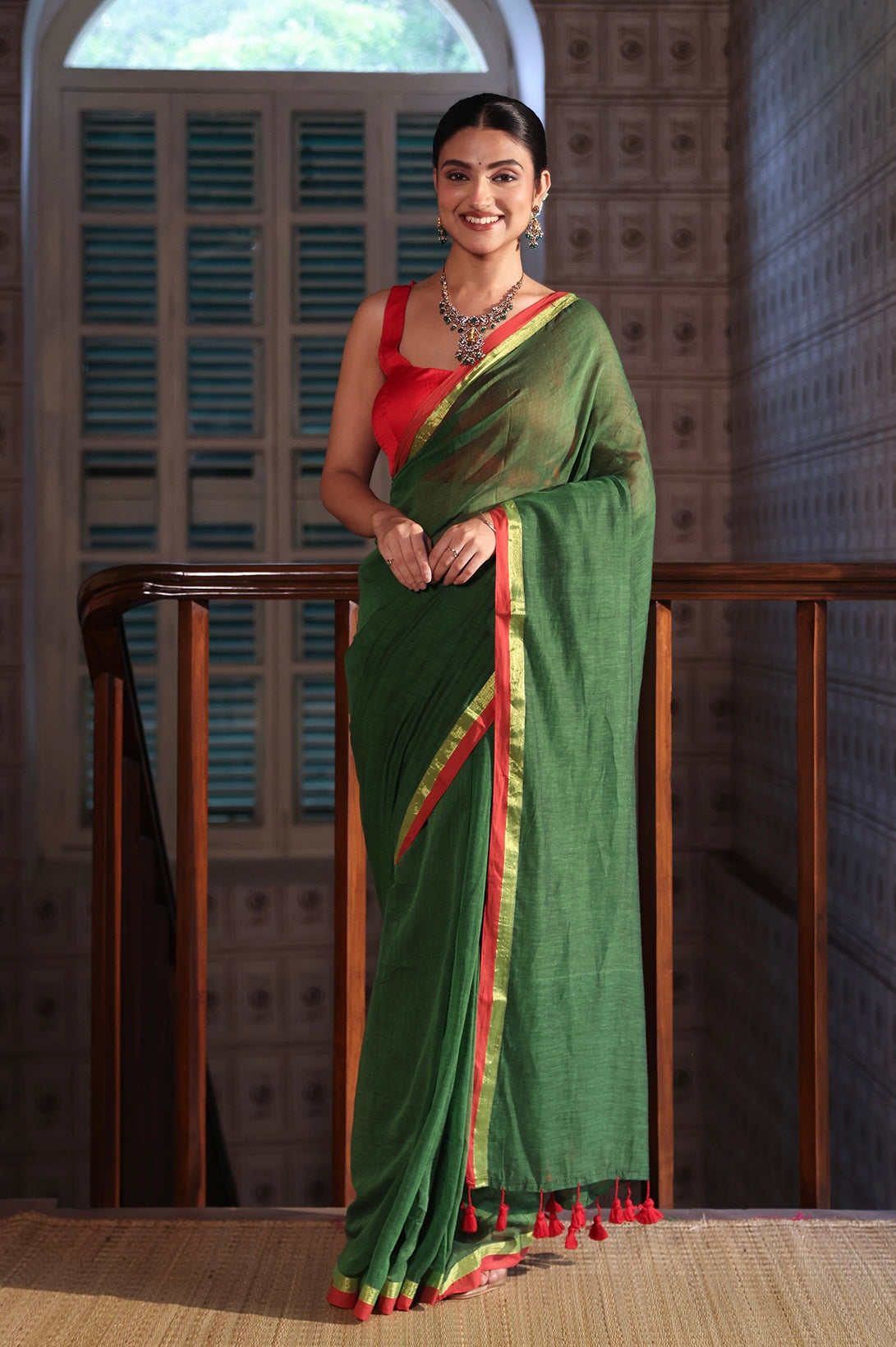 Green Mulmul Cotton Saree With Red Golden Border