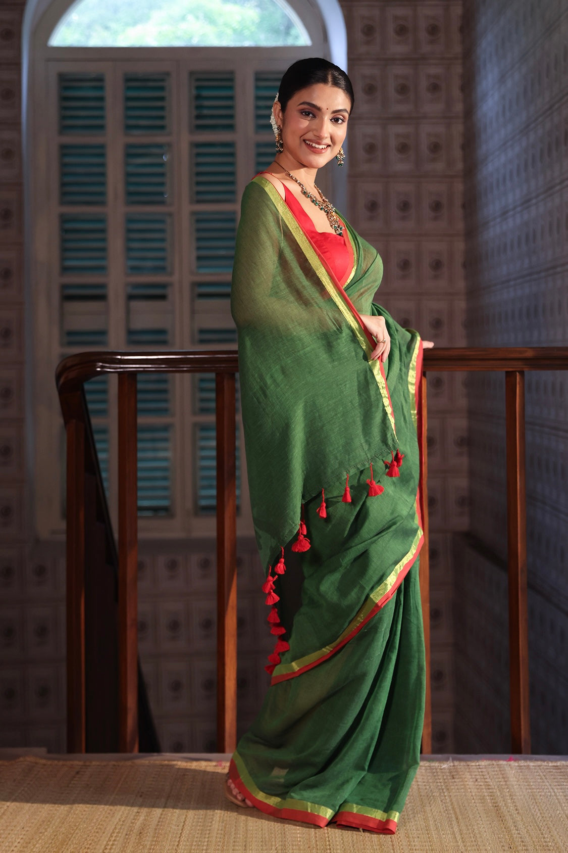 Green Mulmul Cotton Saree With Red Golden Border