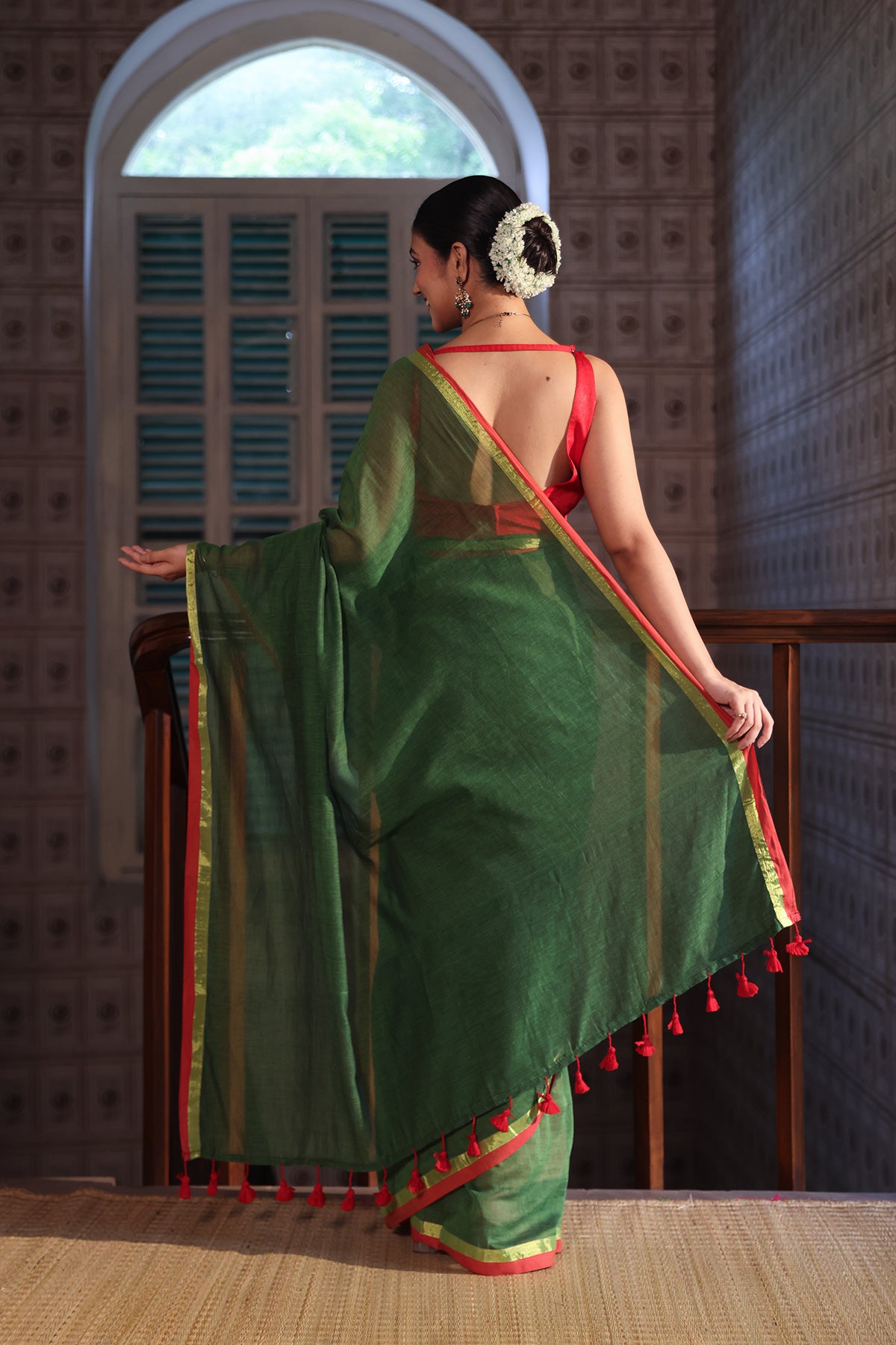Green Mulmul Cotton Saree With Red Golden Border