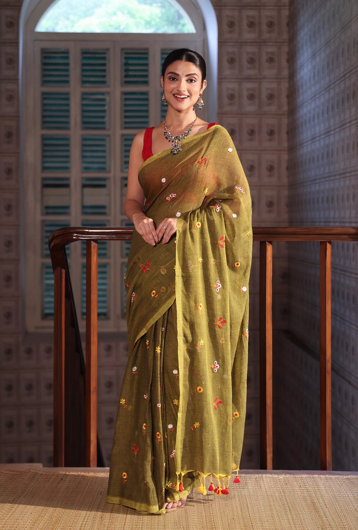 Olive Embroidered Mul Mul Cotton