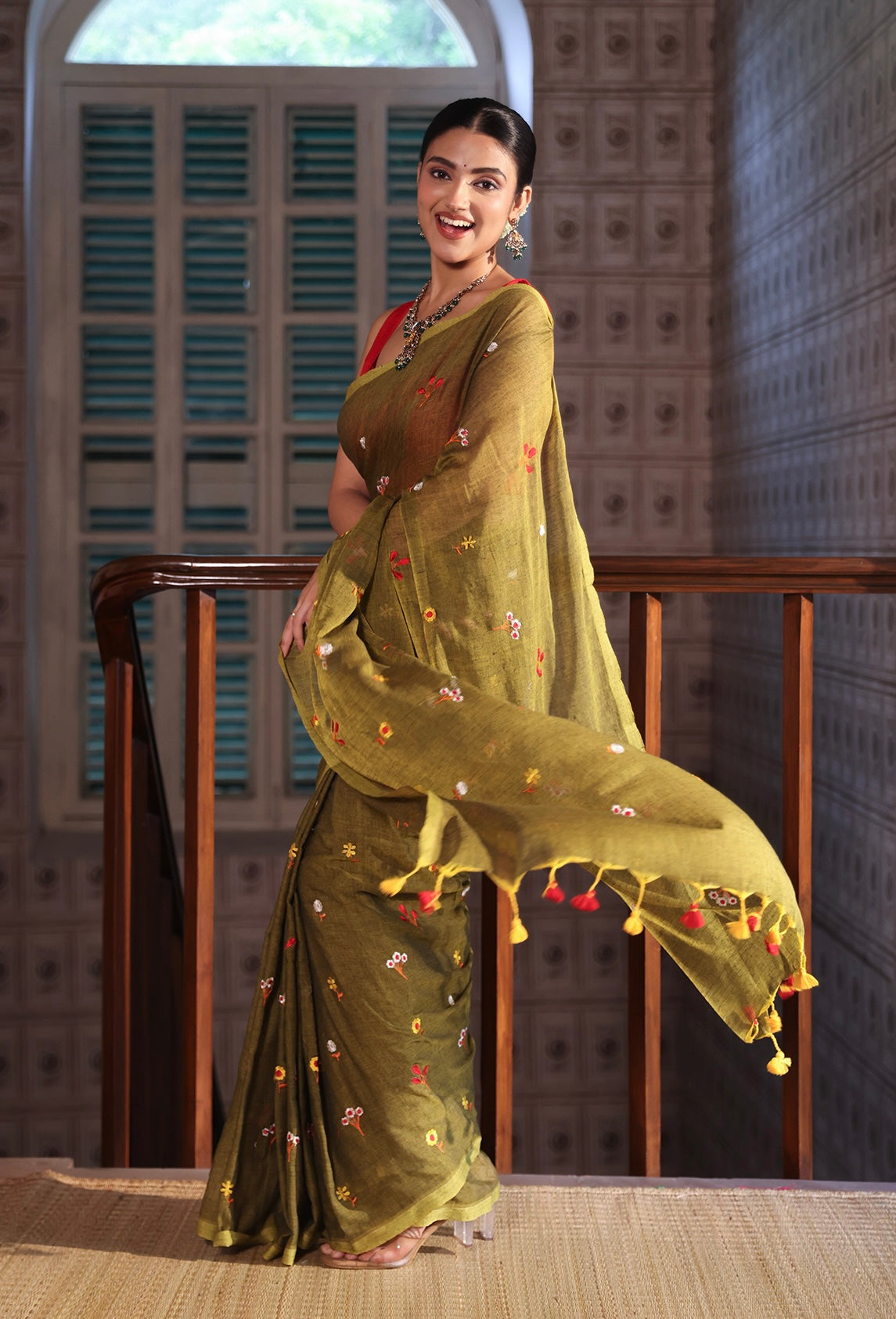 Olive Embroidered Mul Mul Cotton