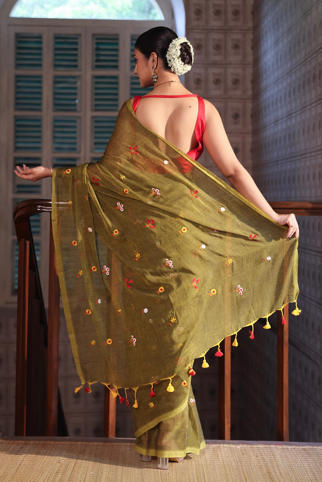 Olive Embroidered Mul Mul Cotton