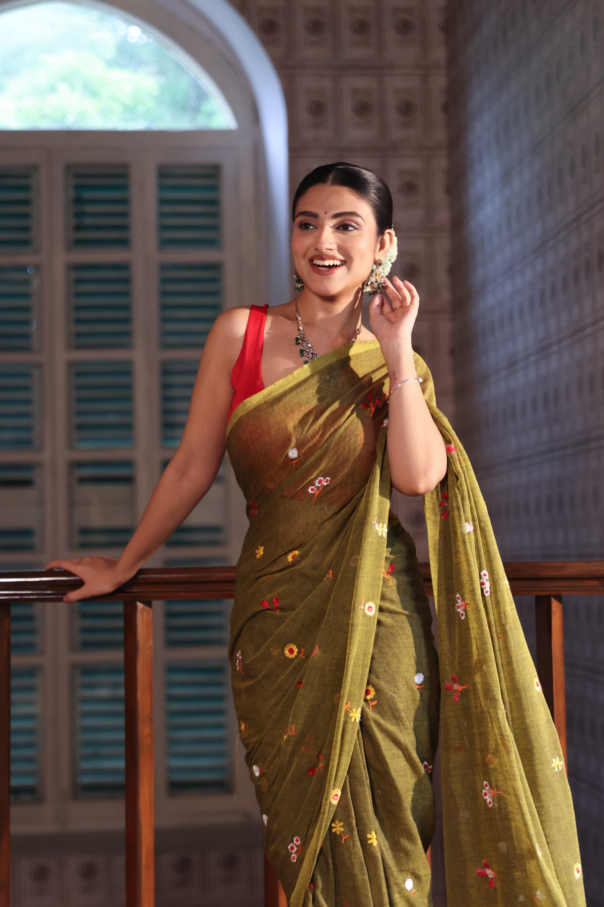 Olive Embroidered Mul Mul Cotton