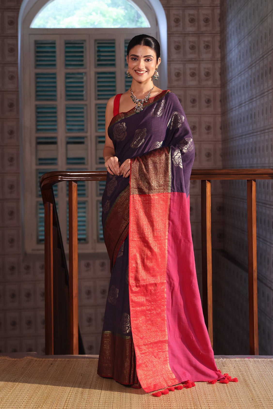 RED AND LAVENDER COTTON ACRYLIC SAREE