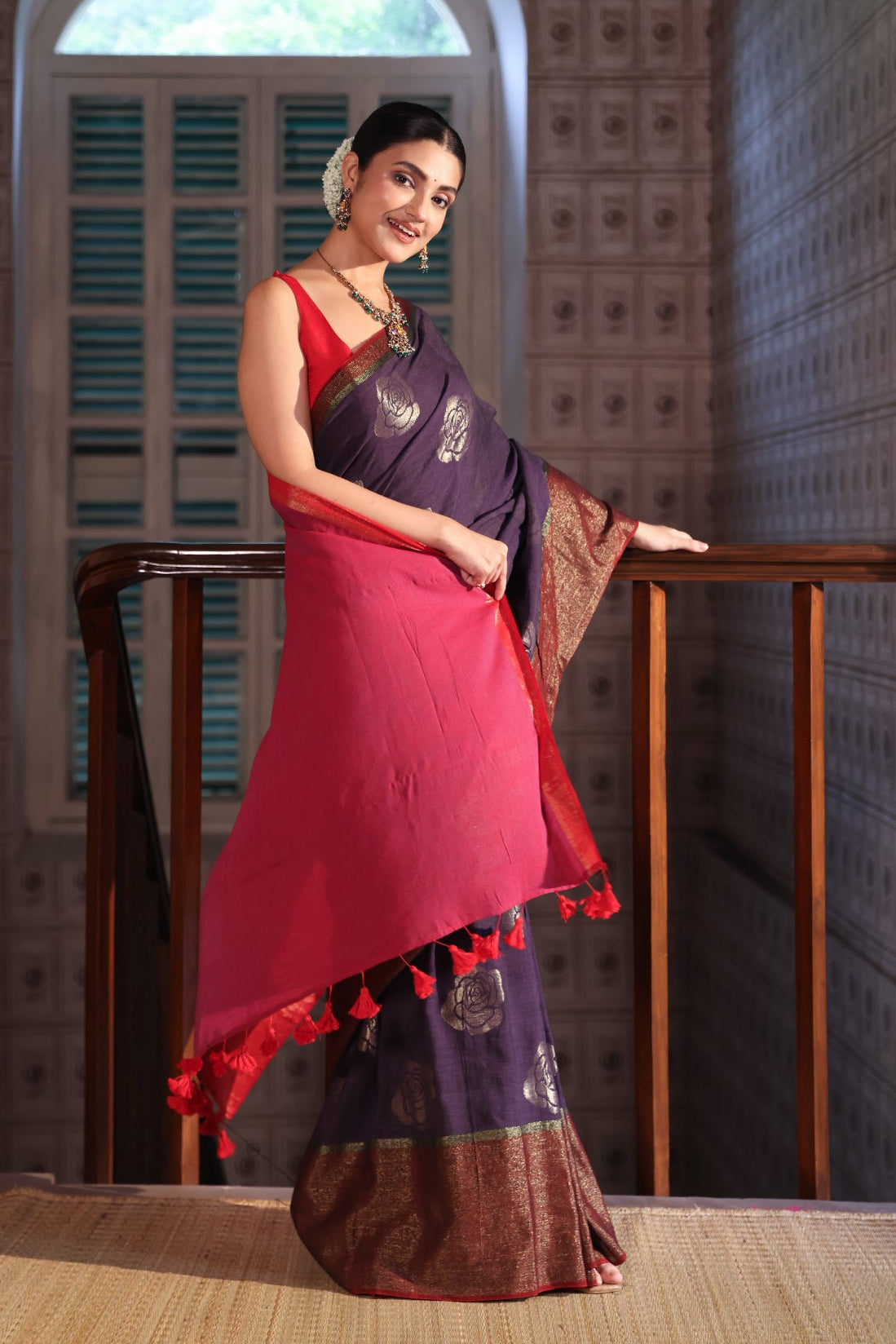 RED AND LAVENDER COTTON ACRYLIC SAREE