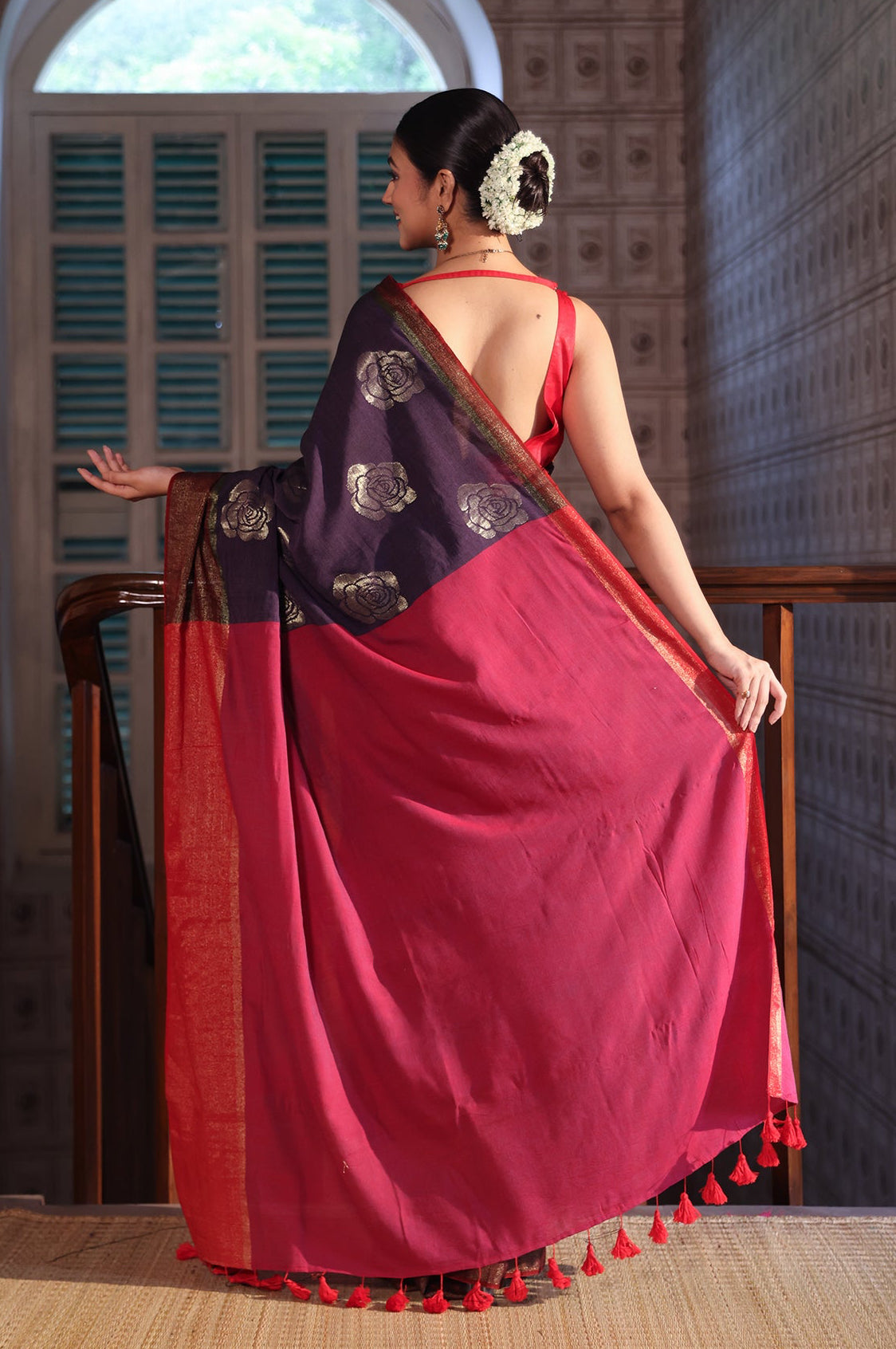 RED AND LAVENDER COTTON ACRYLIC SAREE