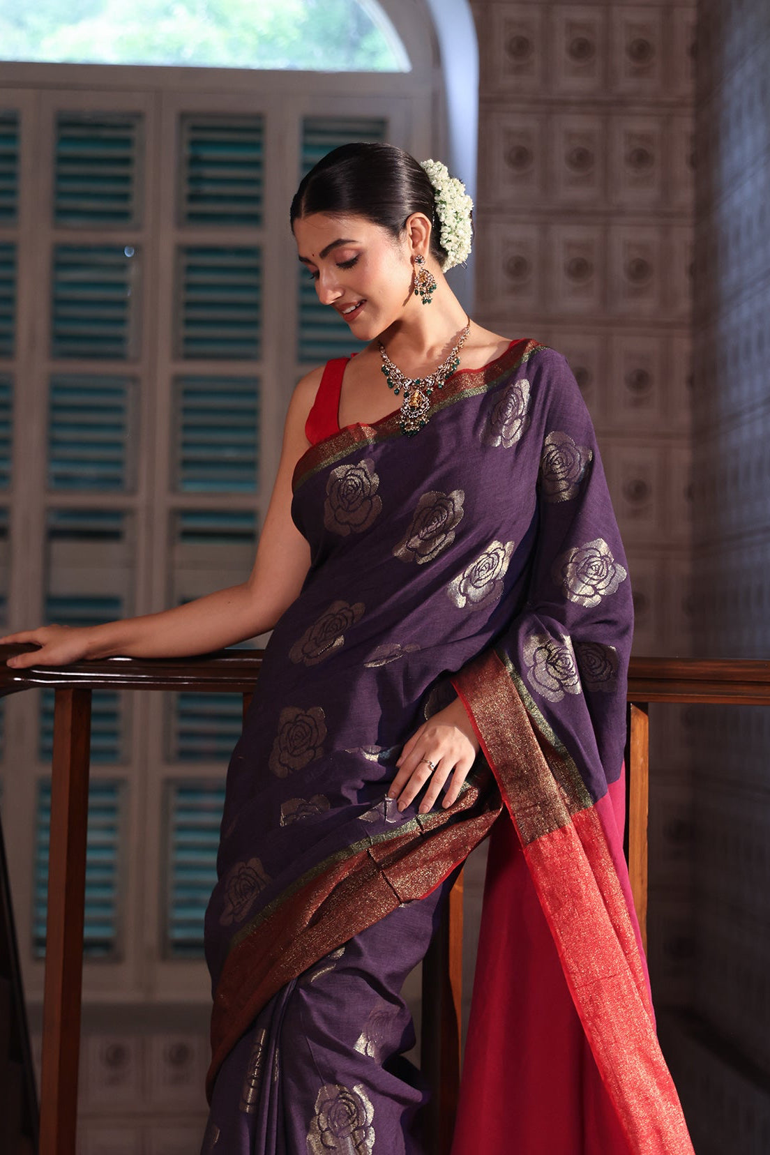 RED AND LAVENDER COTTON ACRYLIC SAREE