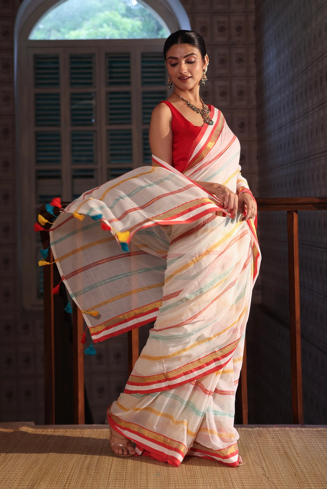 Off white Stripes Mul Mul Cotton Saree