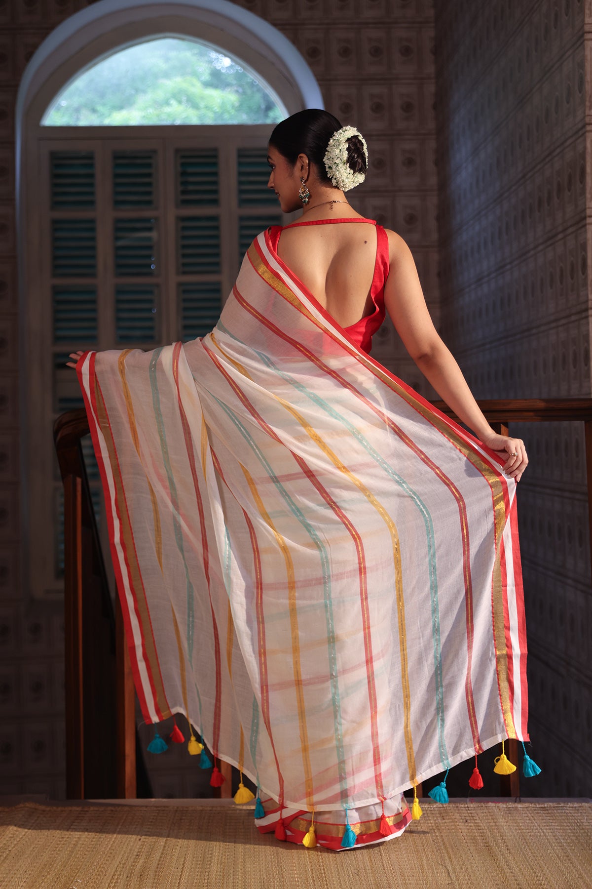 Off white Stripes Mul Mul Cotton Saree