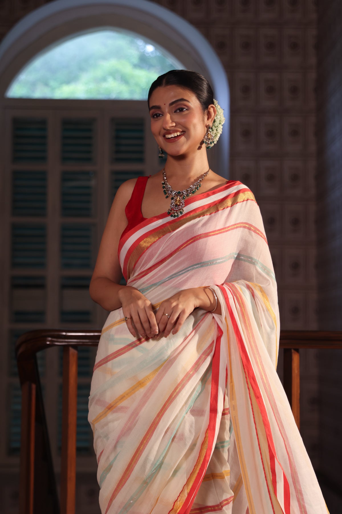 Off white Stripes Mul Mul Cotton Saree