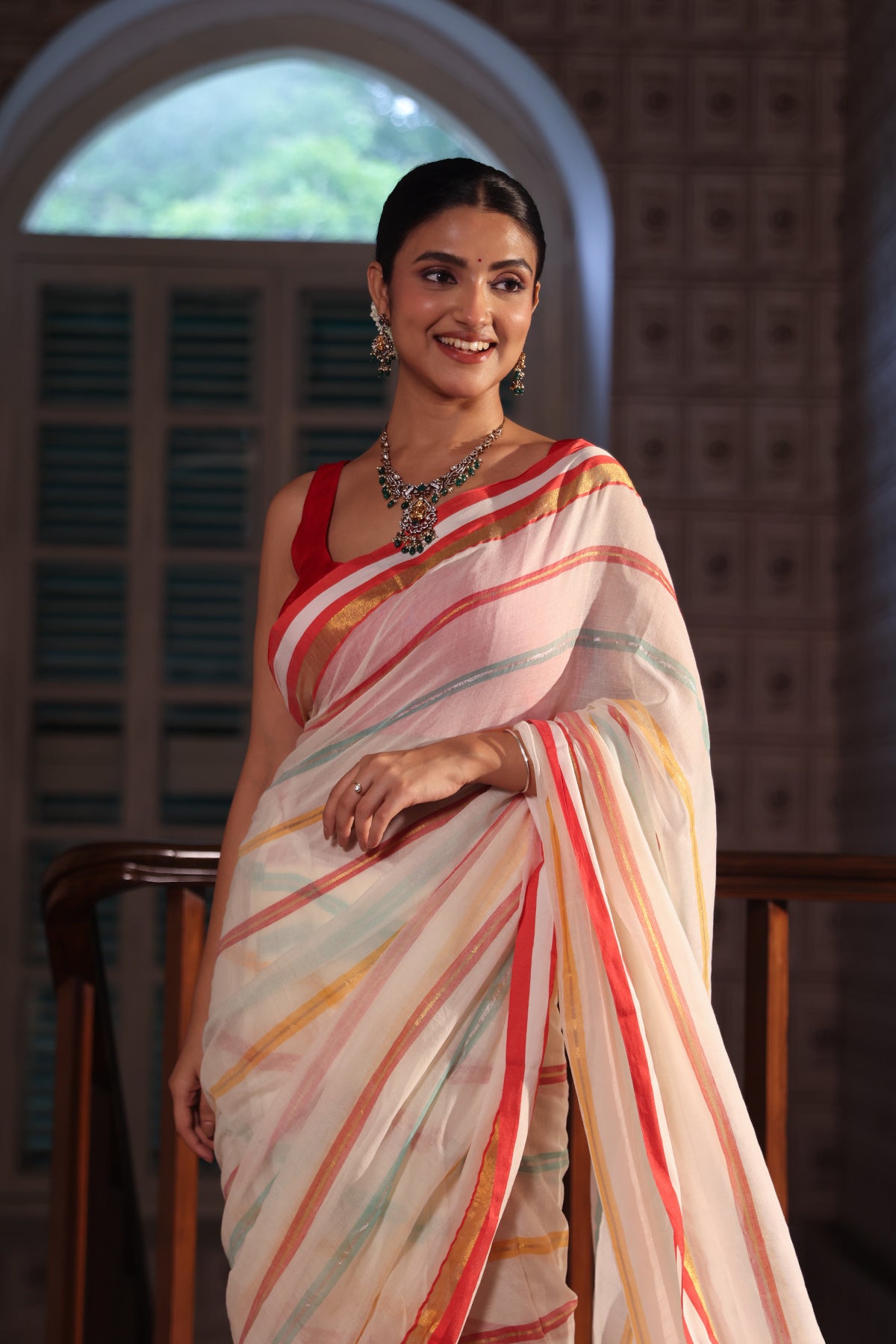 Off white Stripes Mul Mul Cotton Saree