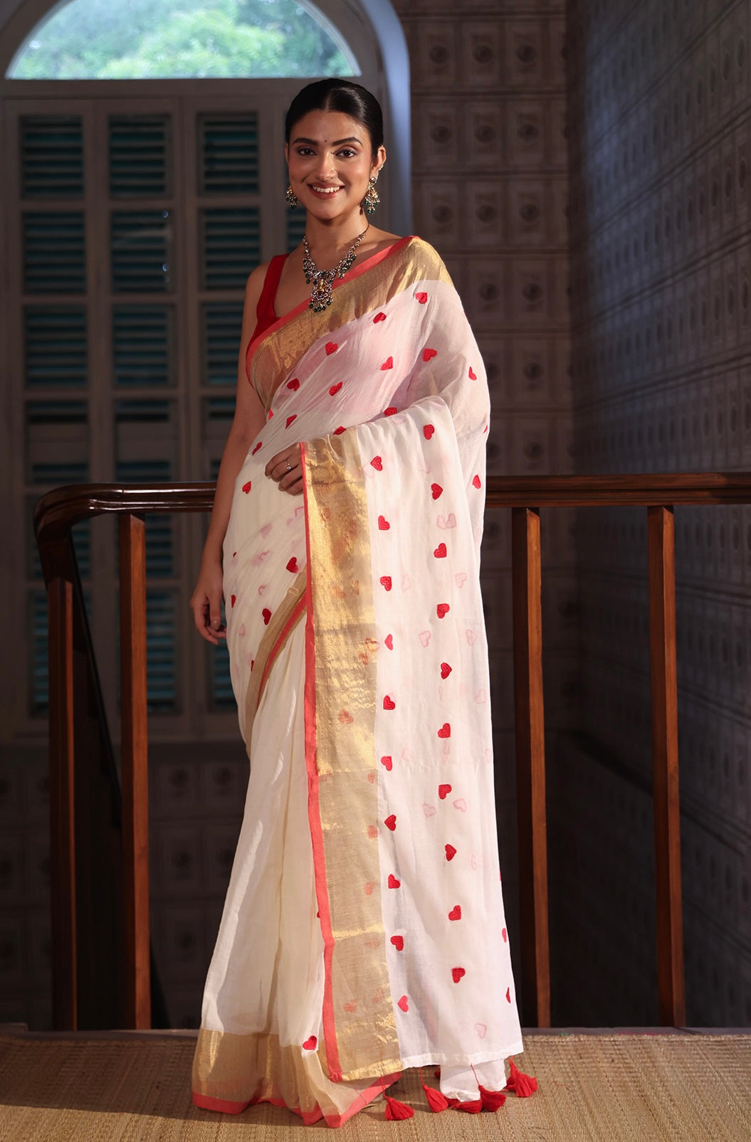 Off white Love embroidery Pure Mulmul Cotton Saree
