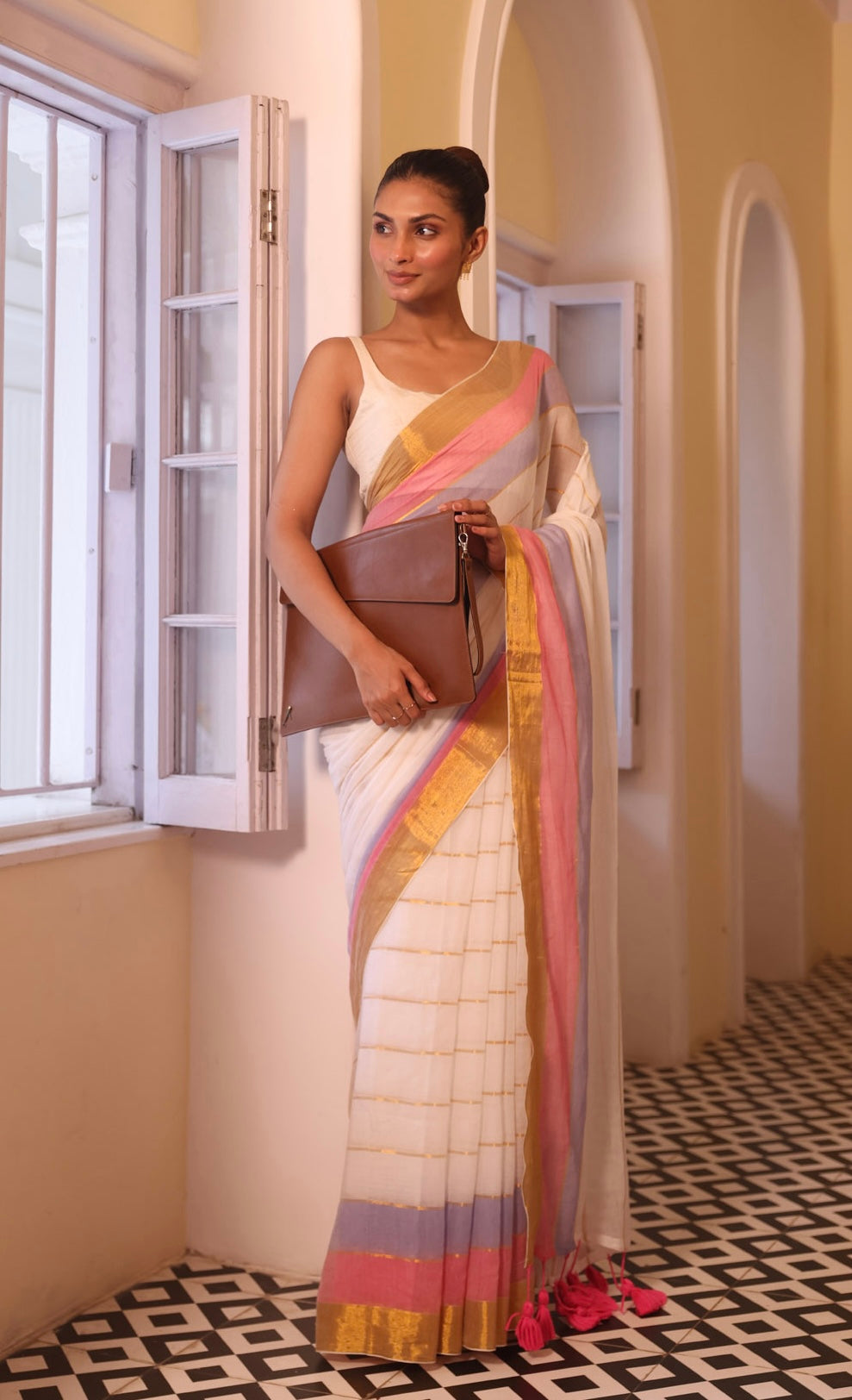White Mulmul Cotton Saree with Golden Zari Check Border with BP