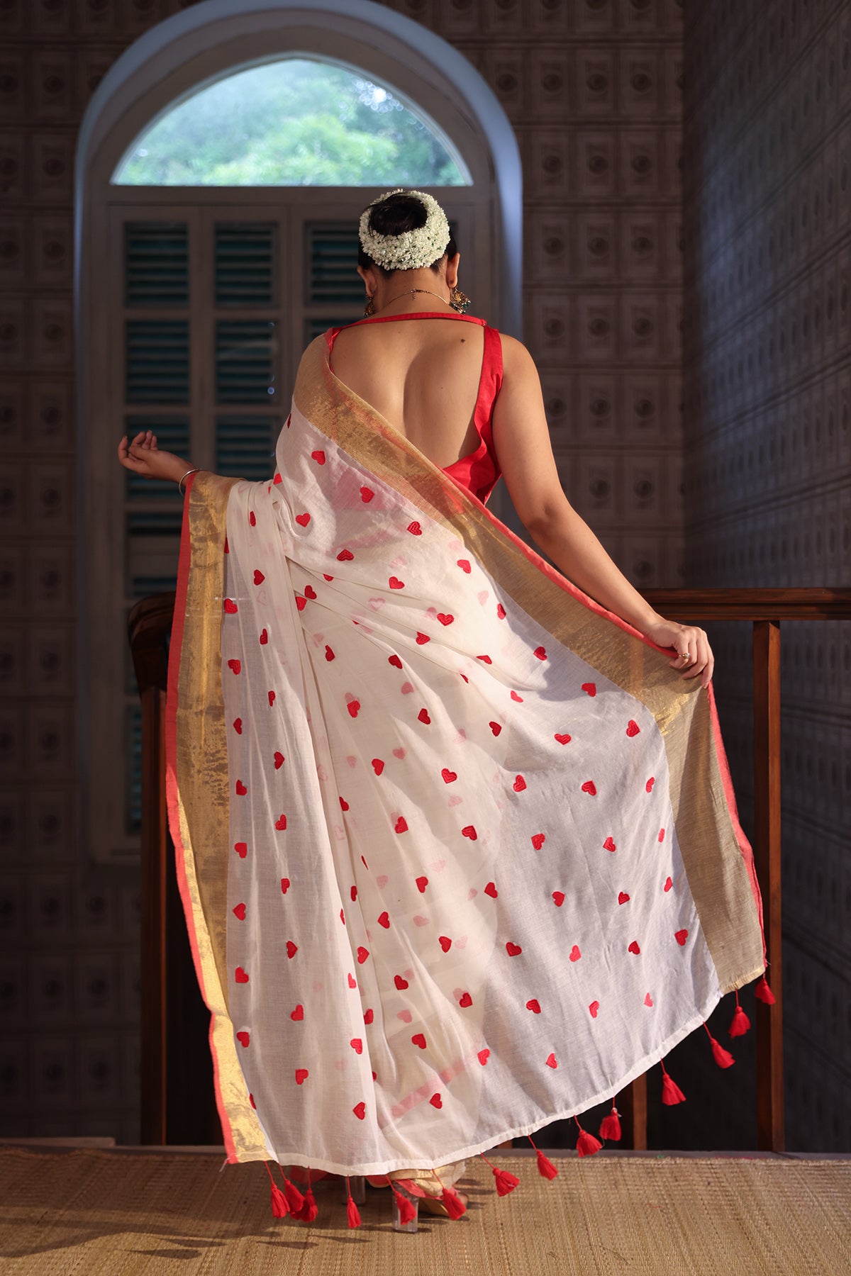 Off white Love embroidery Pure Mulmul Cotton Saree