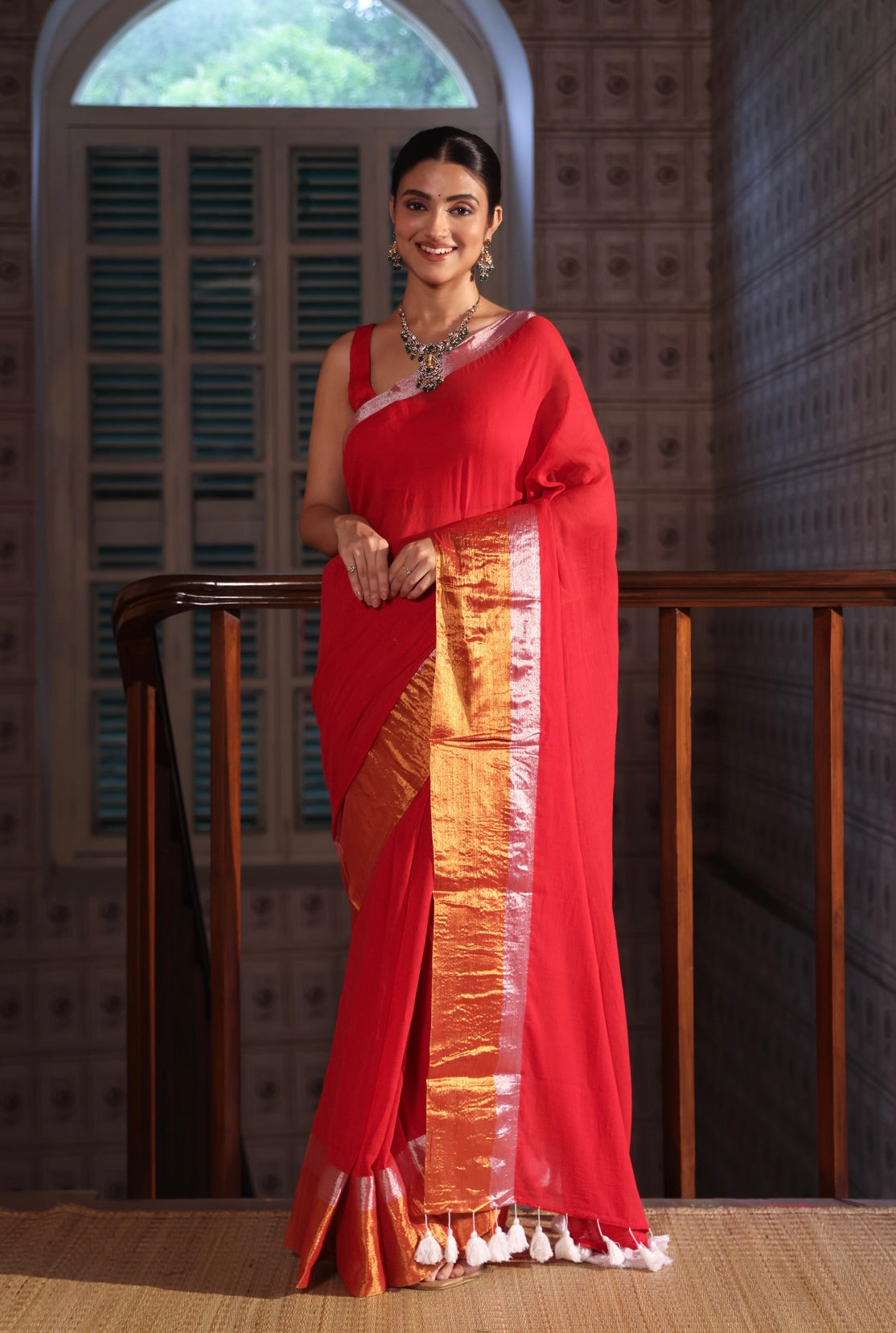 Red Mulmul Cotton Saree with Golden & Silver Zari Border