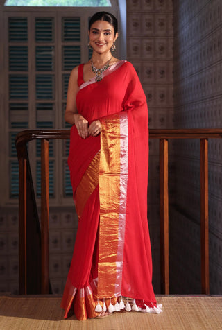Red Mulmul Cotton Saree with Golden & Silver Zari Border
