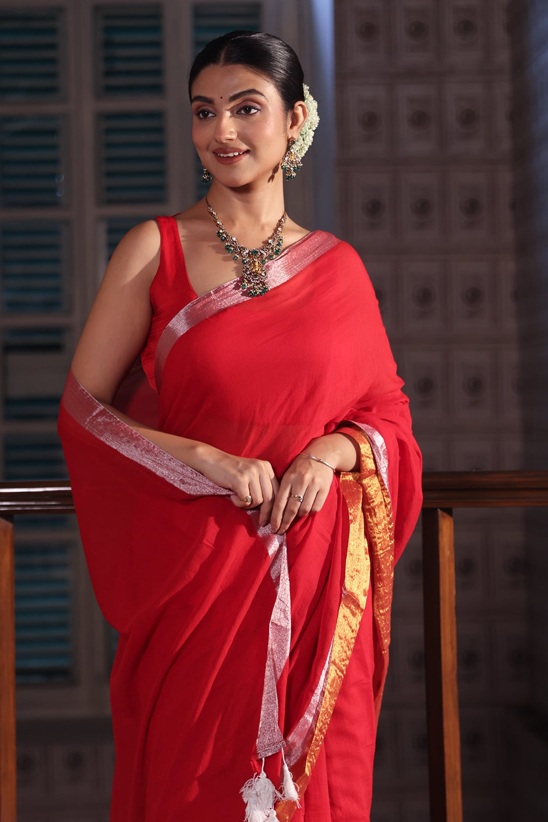 Red Mulmul Cotton Saree with Golden & Silver Zari Border