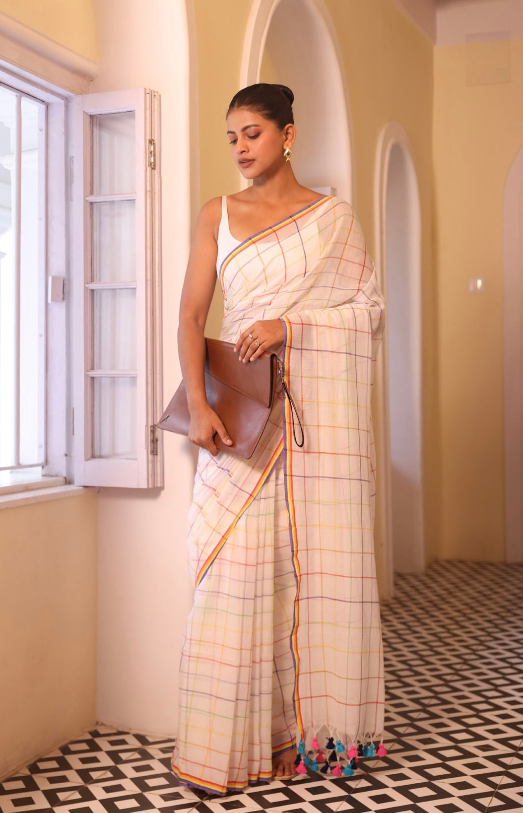 White Pure Mulmul Cotton Saree with Multicolor Checks
