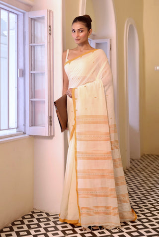 Hand Weaving Mulmul Cotton Saree- White Wood