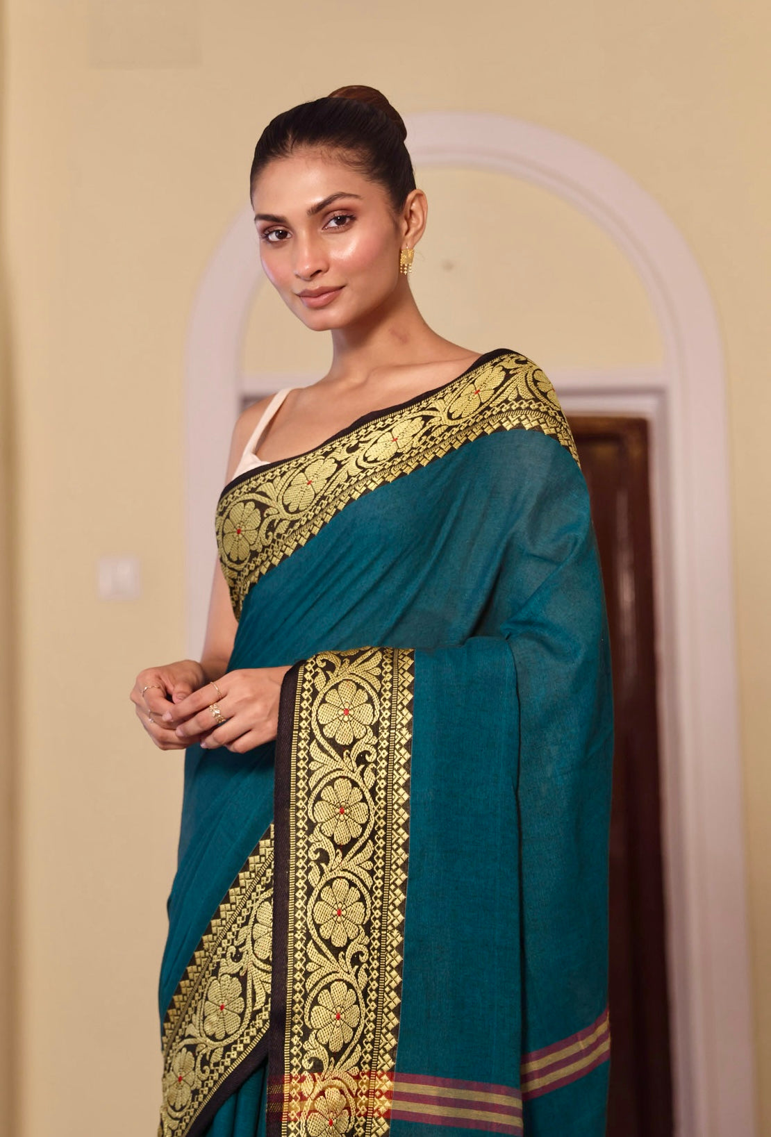Teal Handweaving Pure Cotton Saree with blouse piece