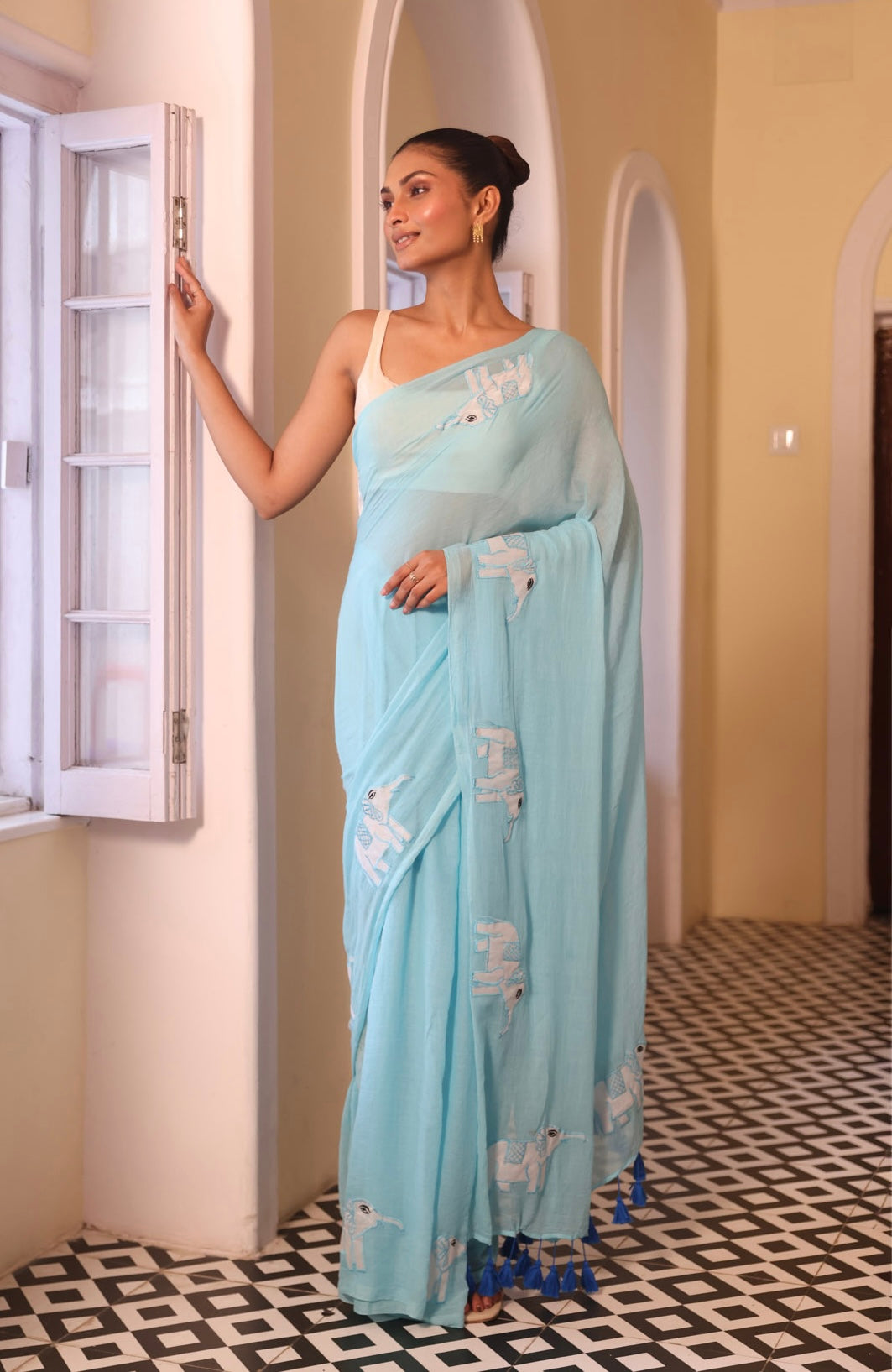 Sky Blue Mulmul Cotton Saree with Elephant Applique Work