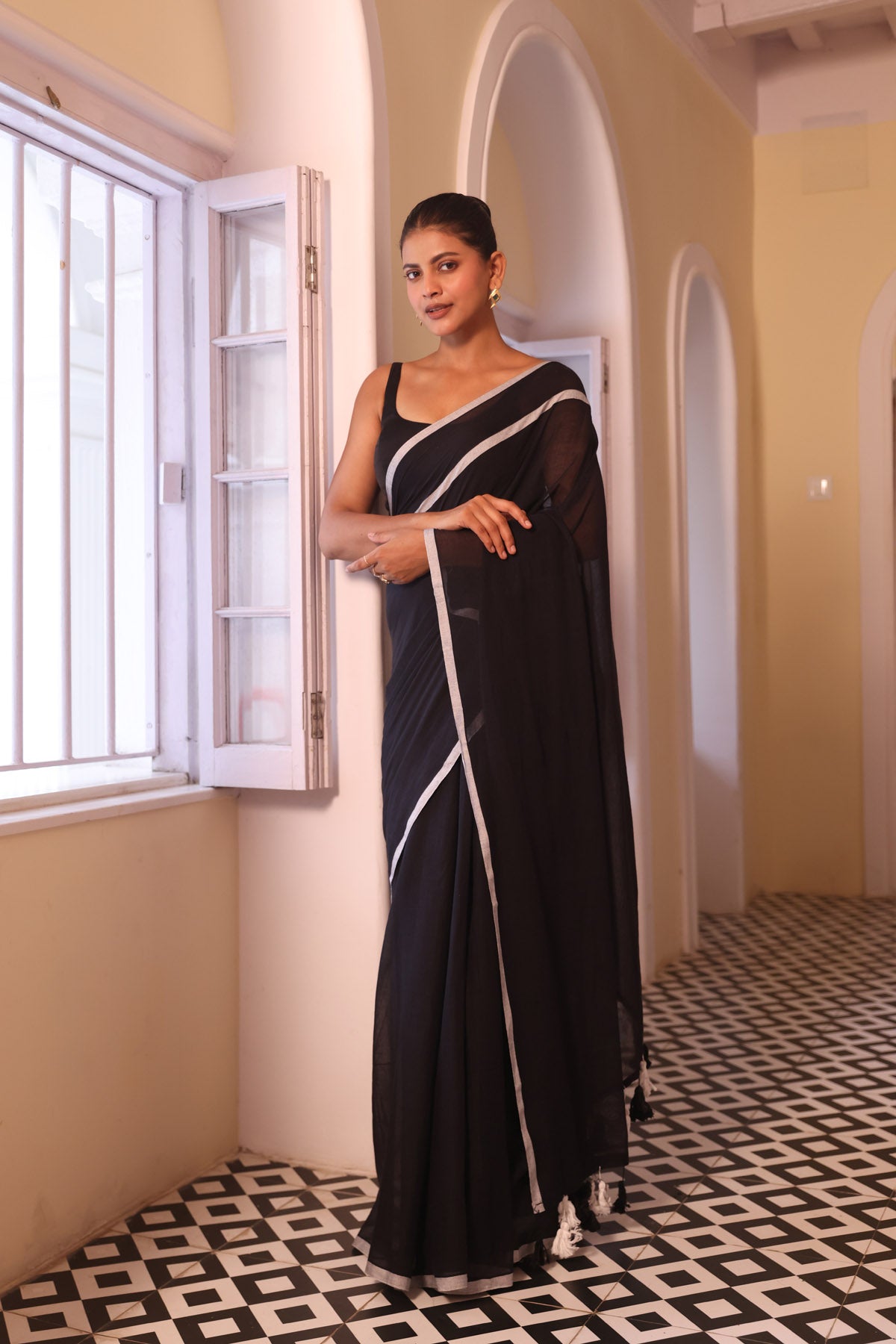 Black Pure Mulmul Cotton Saree With White Border