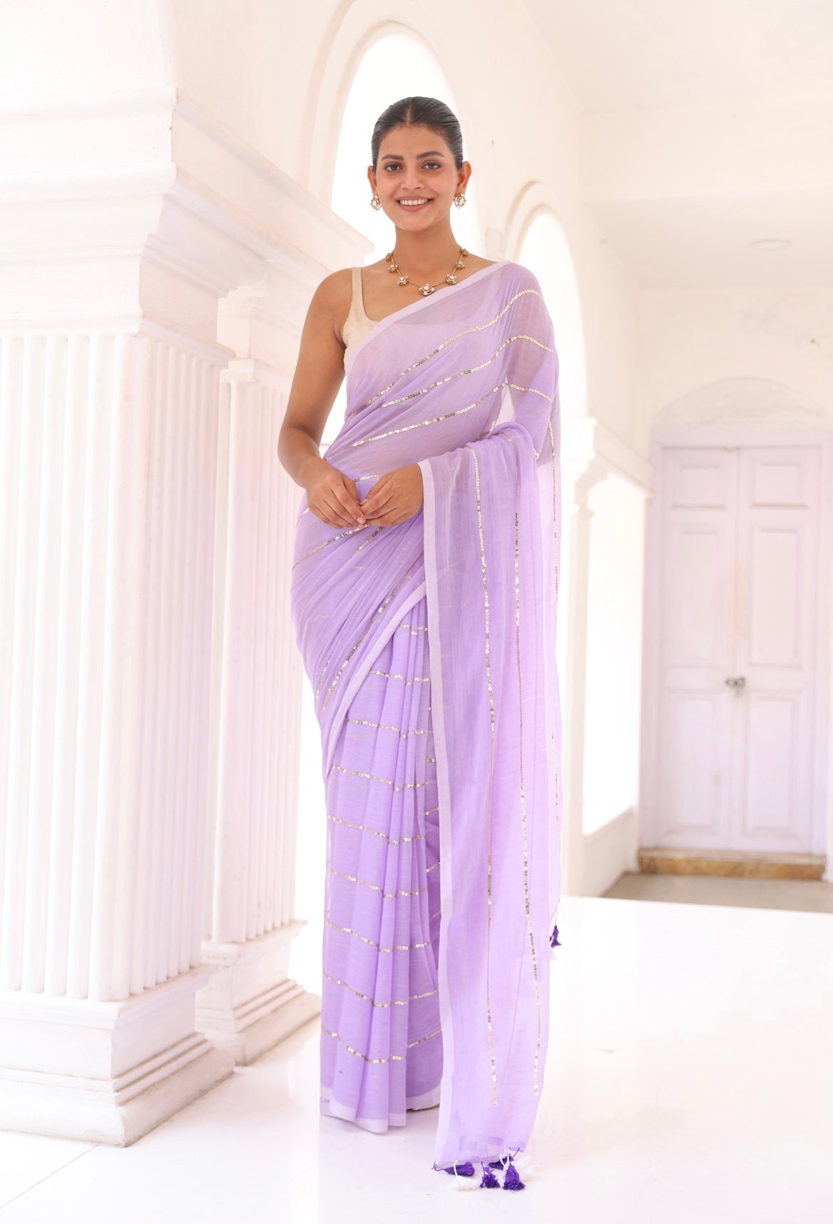 Lavender Sequins Work Mul Mul Cotton Saree