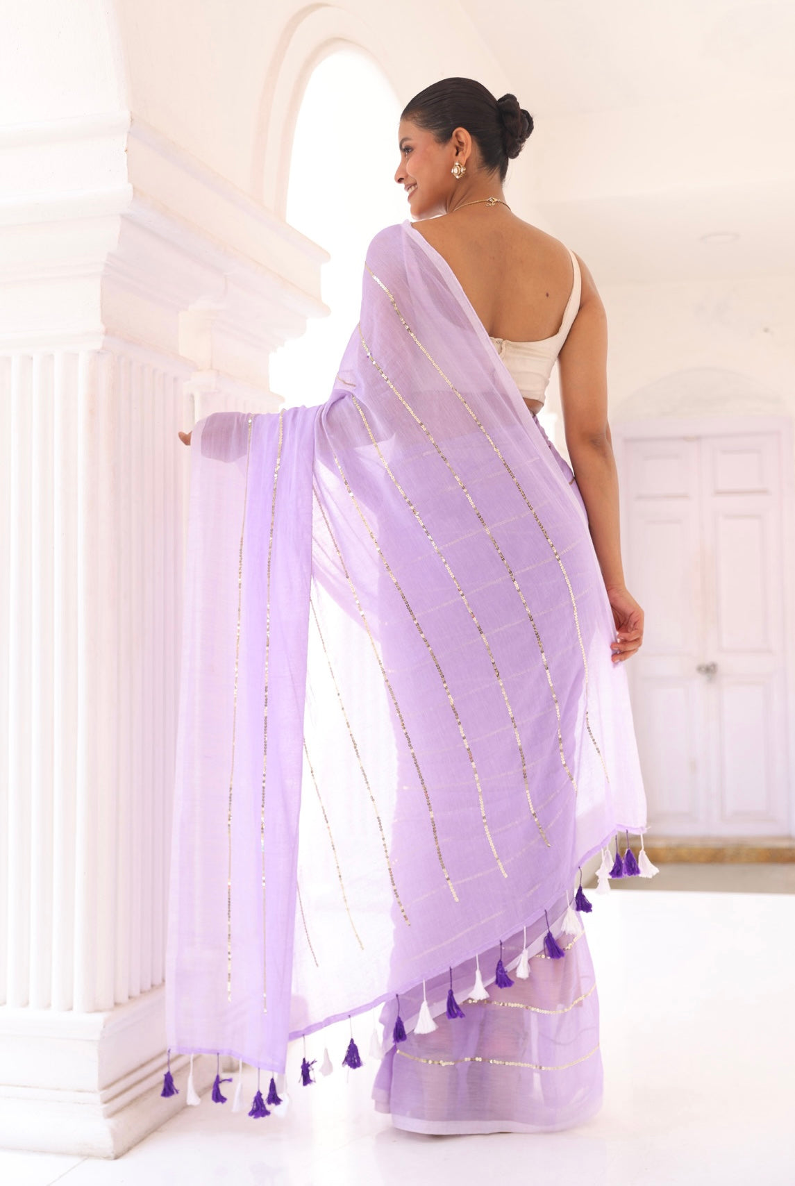Lavender Sequins Work Mul Mul Cotton Saree
