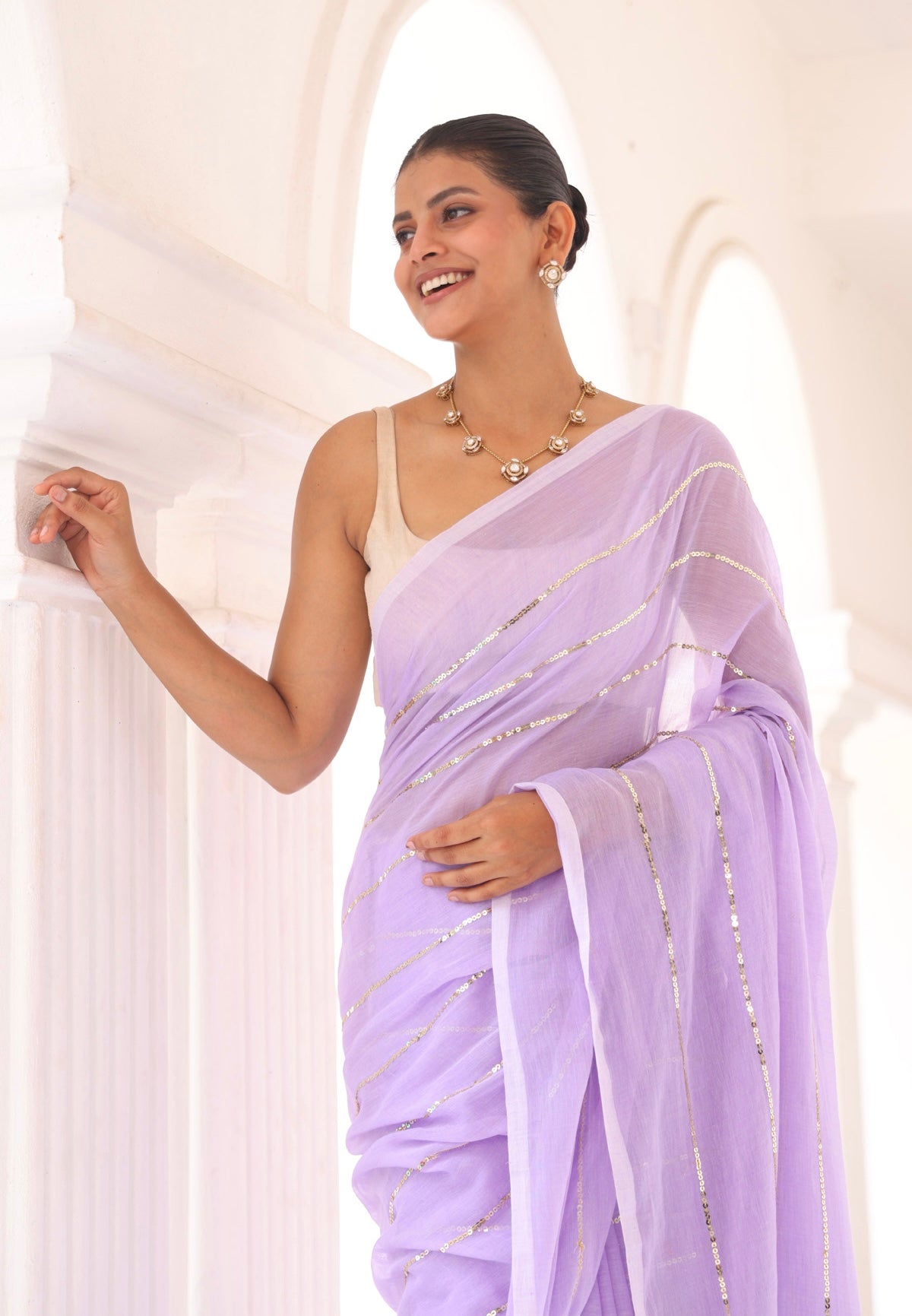 Lavender Sequins Work Mul Mul Cotton Saree