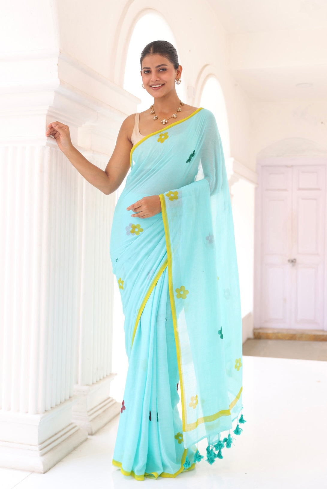Seafoam handprinted mulmul cotton saree
