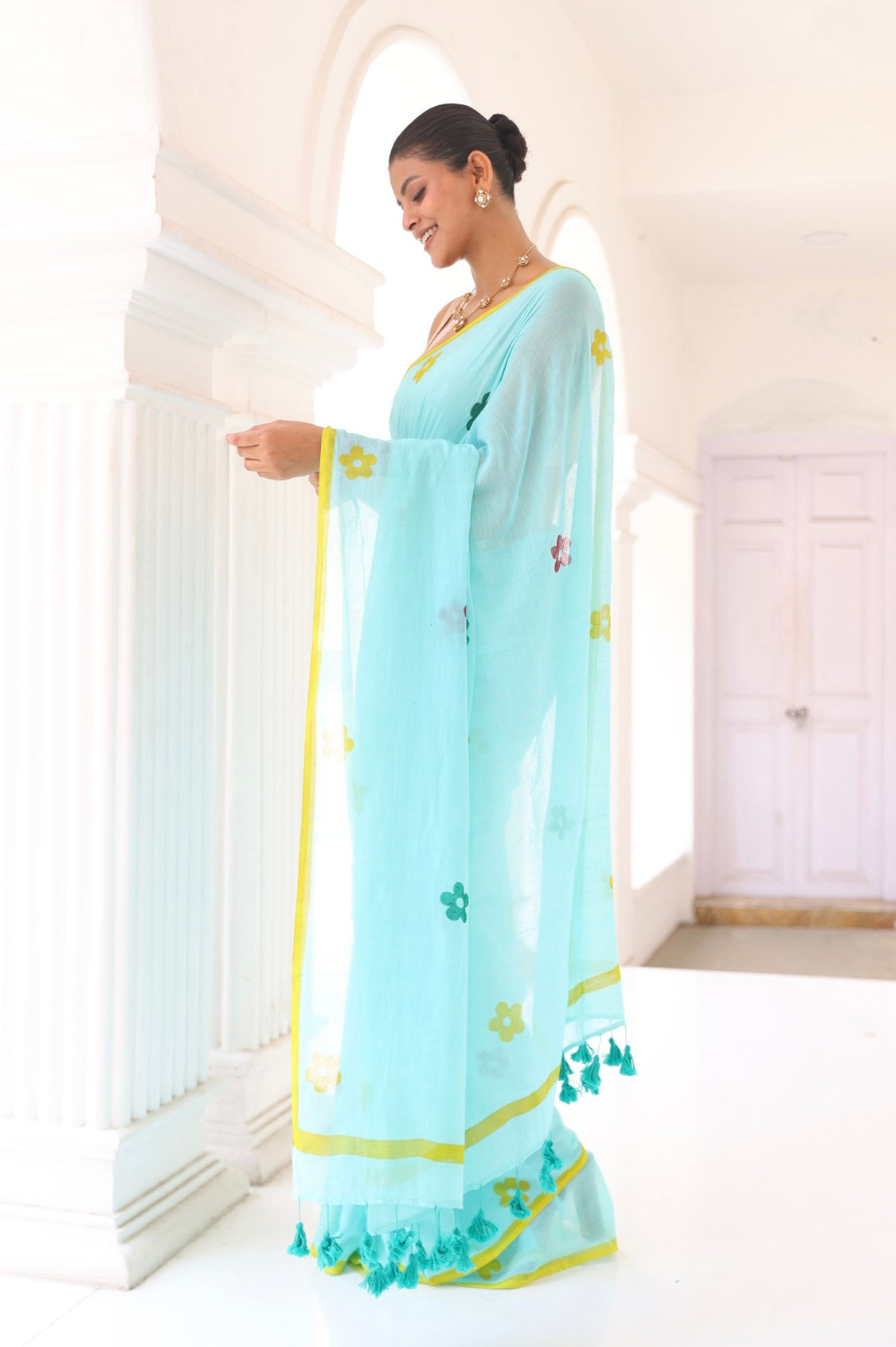 Seafoam handprinted mulmul cotton saree